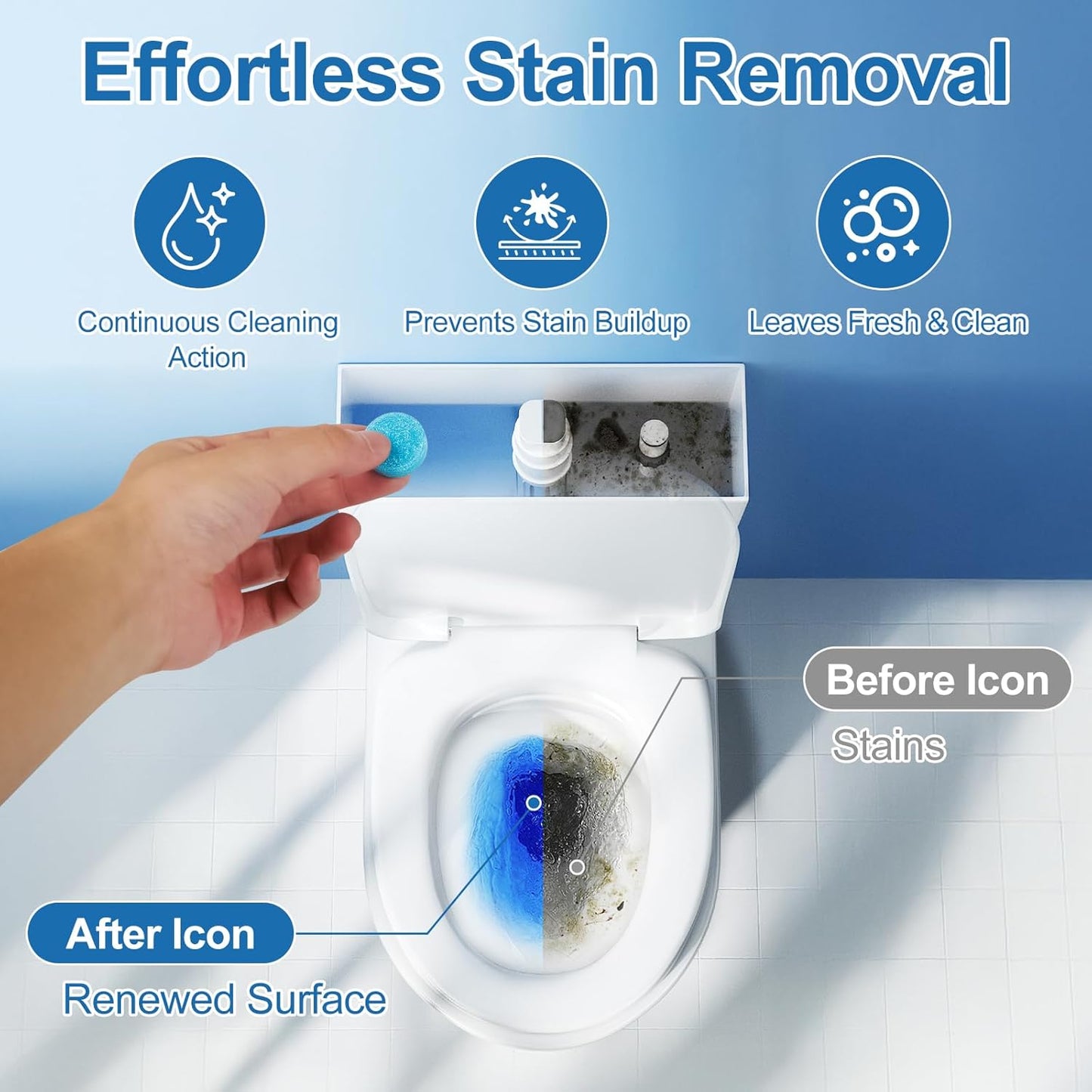 Toilet Bowl Cleaner Tablets Blue Toilet Tank Cleaners, Septic-Safe Hard Water Stain Remove, Effervescent Stain & Odor Remover Bathroom， Automatic Toilet Cleaning & Deodorizer 50 TabsIII
