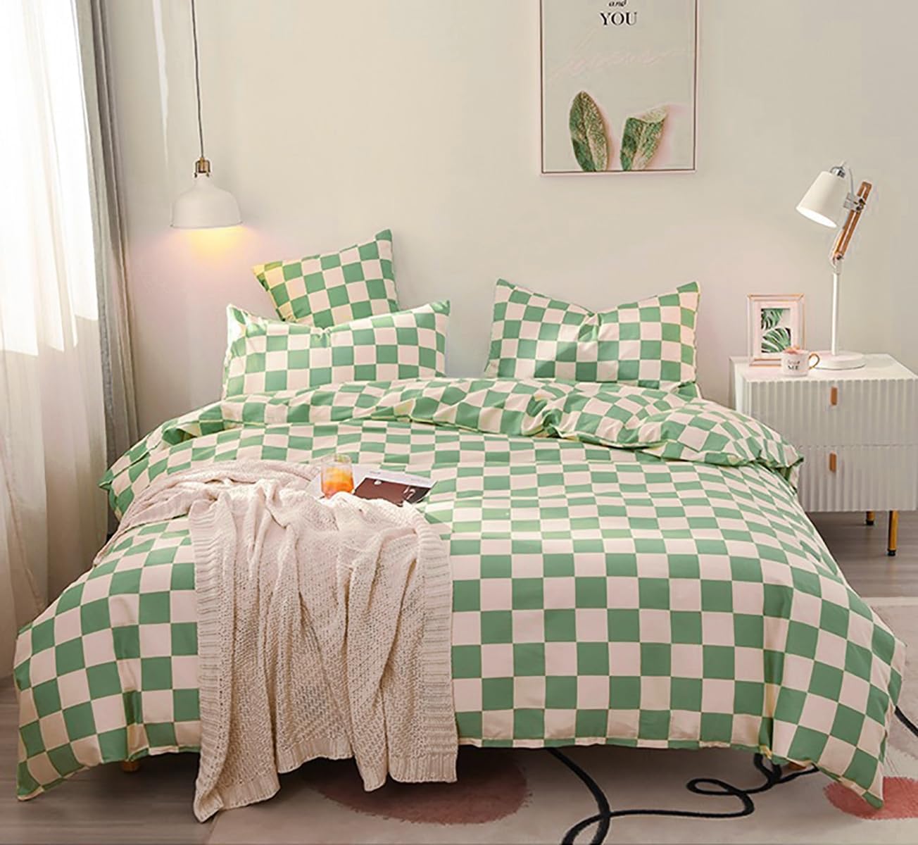 KAREVER Green White Grid Comforter Set Twin Sage Green Plaid Bedding Set Girls Light Green White Checkered Bed Set Breathable Blanket Set Kids Durable Bedding Comforter Set