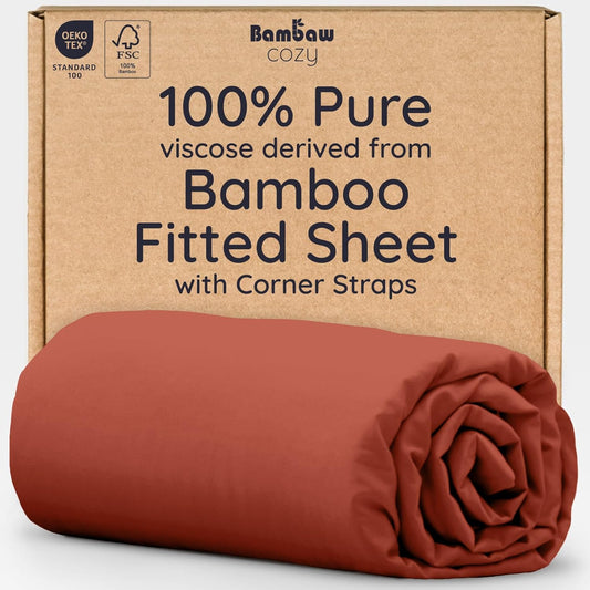 Bambaw 100% Viscose Derived from Bamboo Fitted Sheet Twin Size, Cooling Fitted Sheet Twin Size, 15’’ Deep Pocket, Breathable Bottom Sheets Only (Terracotta)