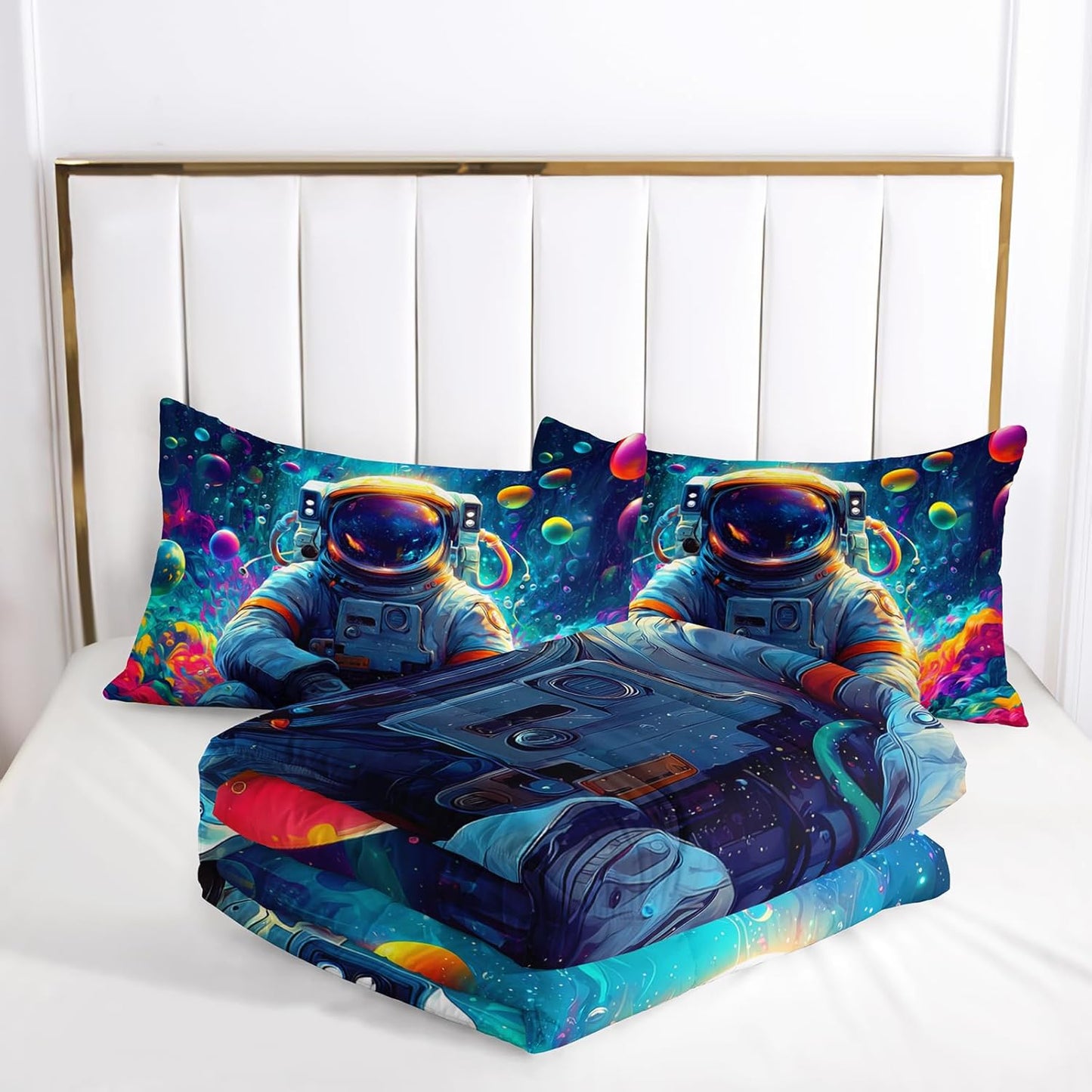 Kids Queen Size Comforter Sets Space Astronauts，Queen Size Astronaut Bedding Set，with 1 Comforter with 2 Pillow Case，Astronaut Bedroom Decor for Boys