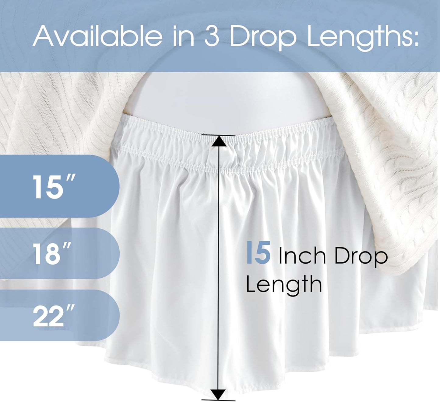 FreshCulture Twin Bed Skirt, Elastic Wrap Around Bed Skirt Twin Bed, Easy Fit with 15-Inch Tailored Drop, Hotel Quality Bed Skirts for Adjustable Bed (White)