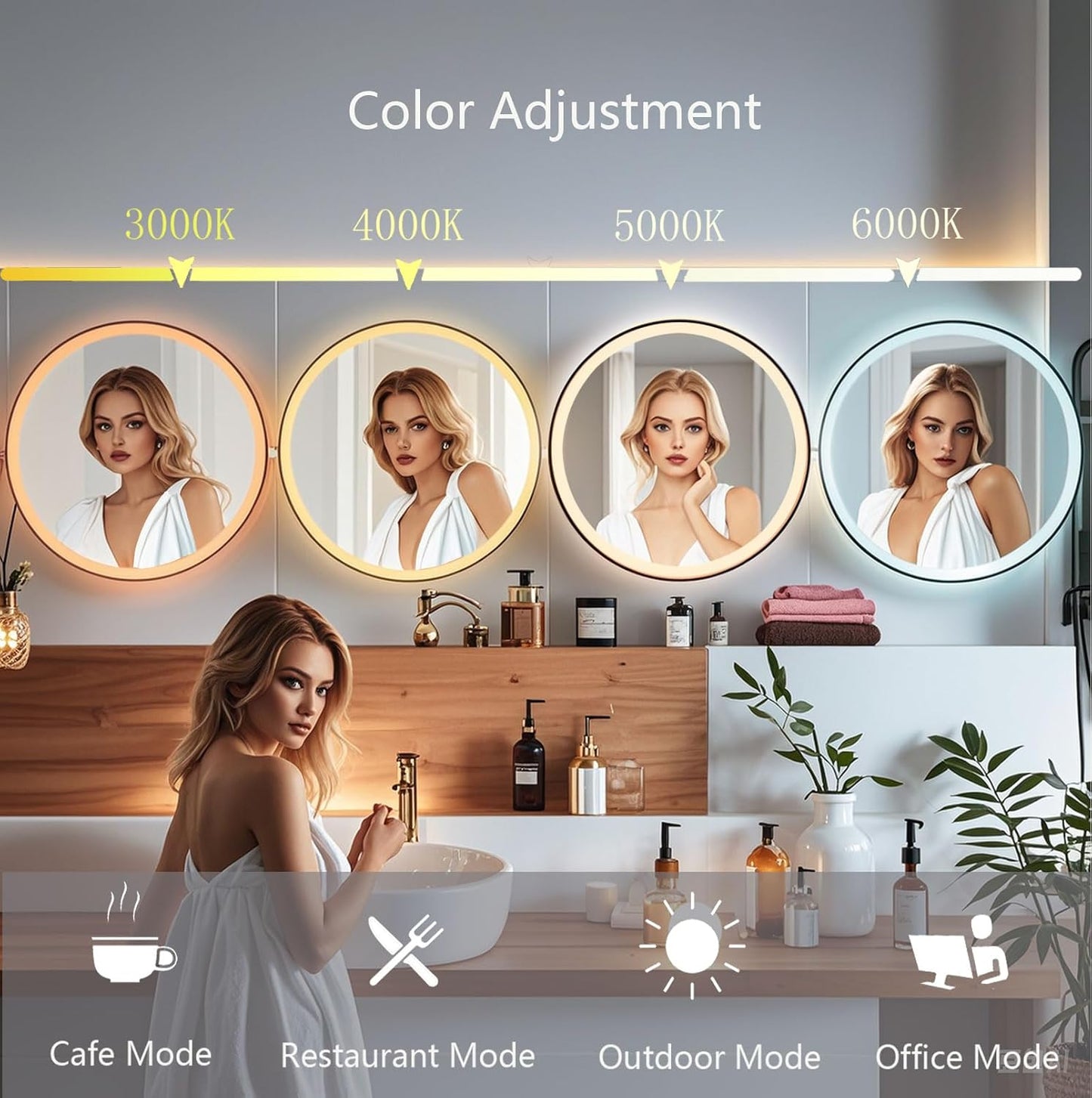 28 Inch Wall-Mounted Round Bathroom Mirror with LED-Lights - Frame Vanity Mirrors (28" x 28", Black)