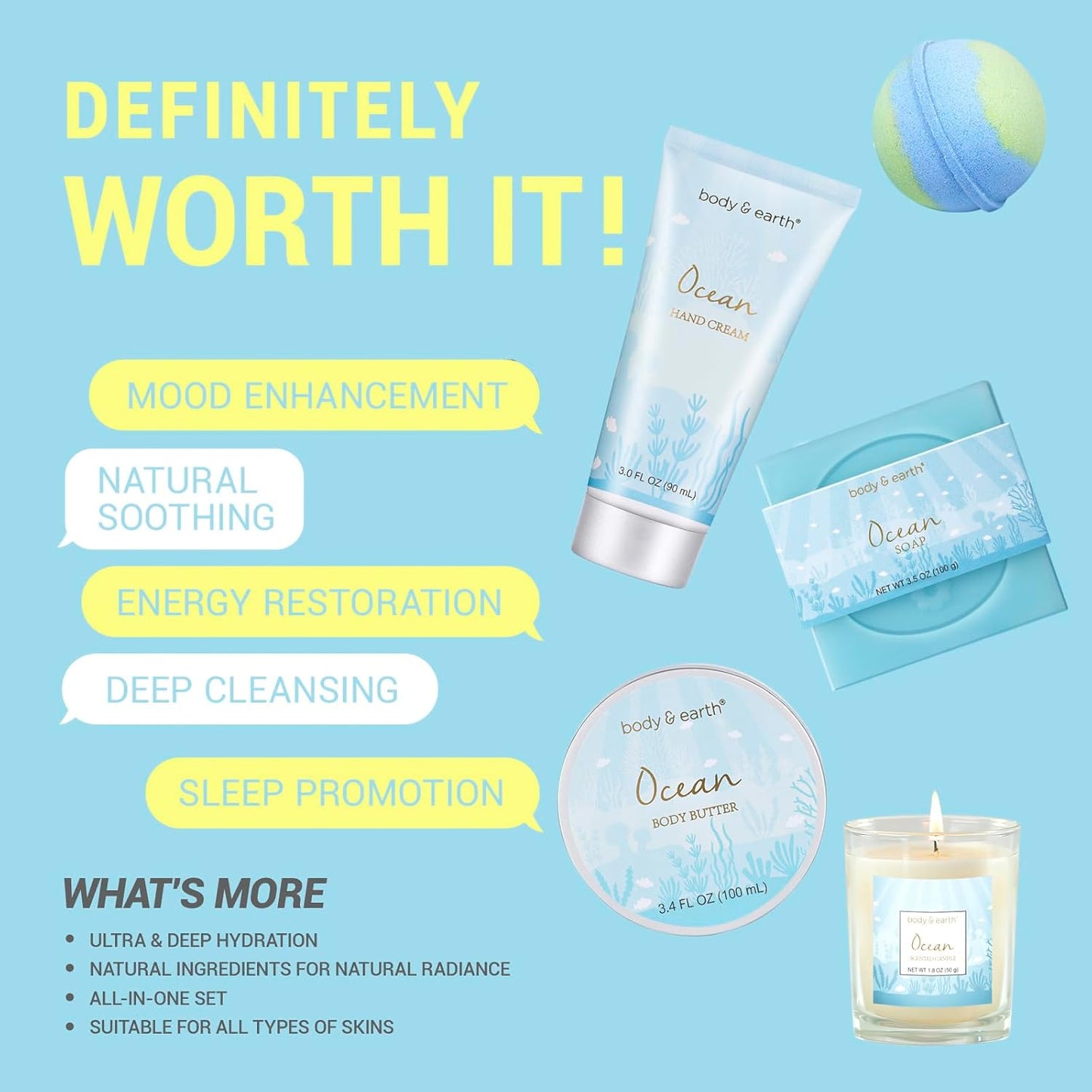 Gifts for Women, Bath and Body Womens Gift Sets with 5 Pcs Ocean Scented Spa Gifts for Women Bath Gift with Scented Candle Body Butter Hand Cream Bath Bomb Christmas Gifts