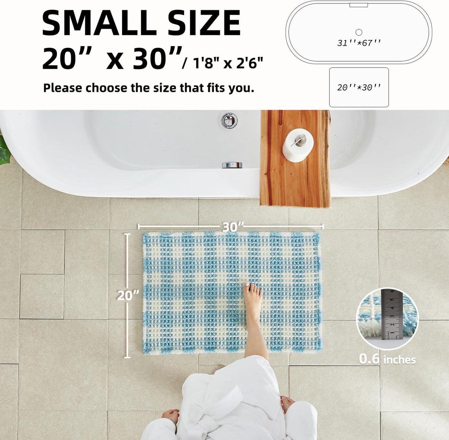 Waffle Bath Mat, Boho Bathroom Rugs Non Slip Washable Absorbent Checkered Bathroom Mat Quick Dry Cute Bath Mat, 30"x20" Blue and White
