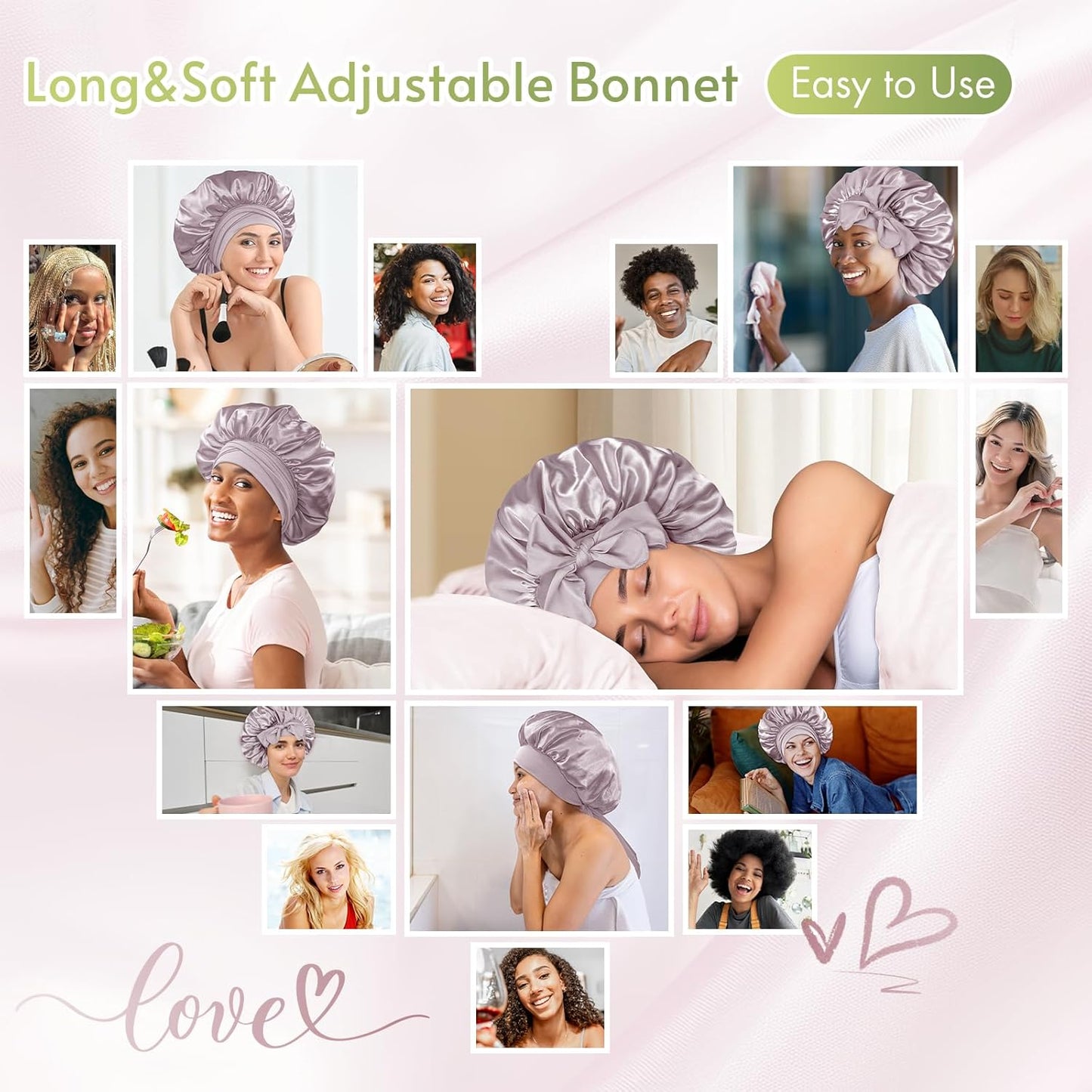 BONNET QUEEN Silk Bonnet Satin Bonnet Hair Bonnet Silk Hair Wrap for Sleeping Night Cap Sleep Bonnet for Women Girls Grey Rose Gold