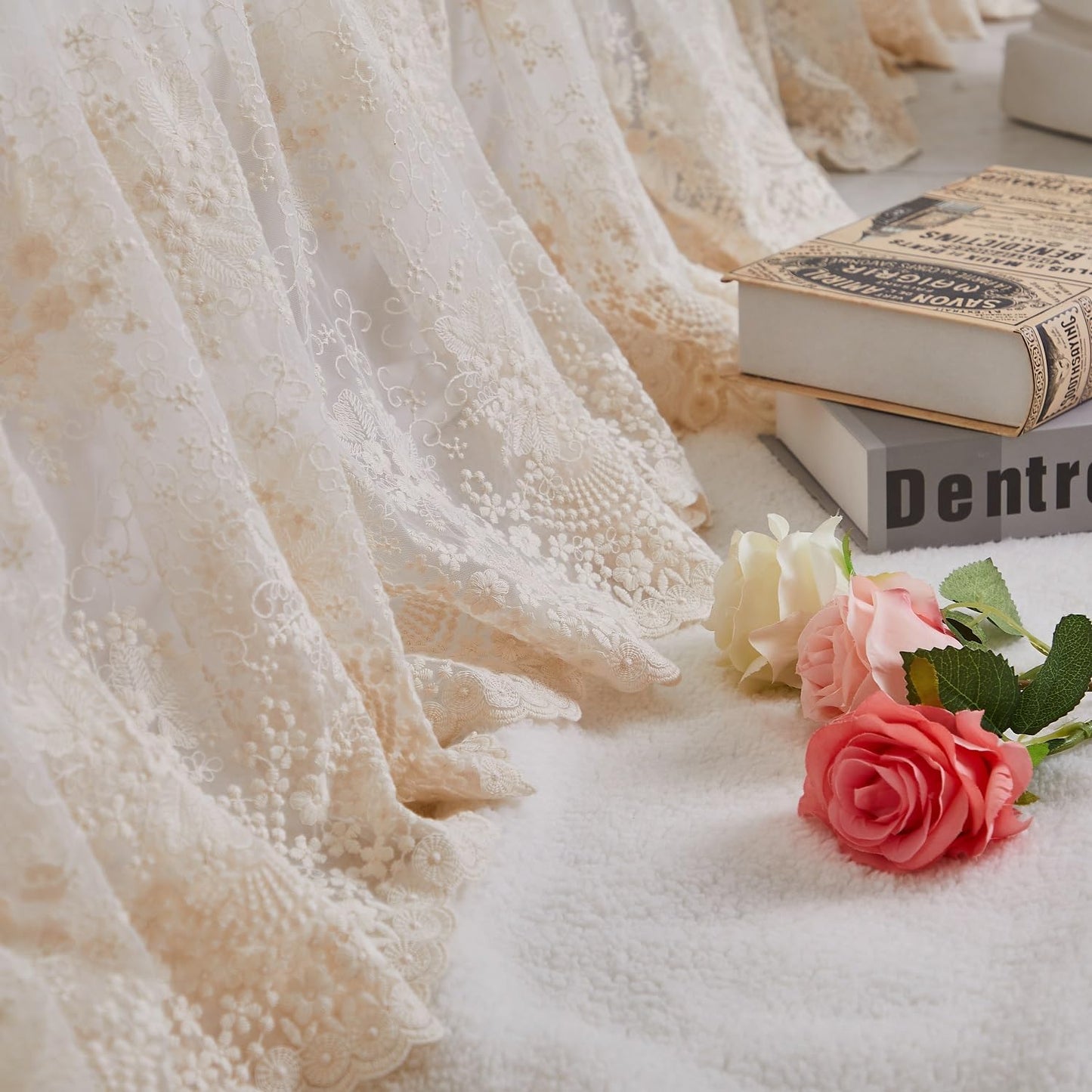 Brandream Lace Bed Skirt Twin Size Cream White 18 Inch Drop Romantic Dust Ruffle Split Corners Bed Sheets Cover Excellent Quality