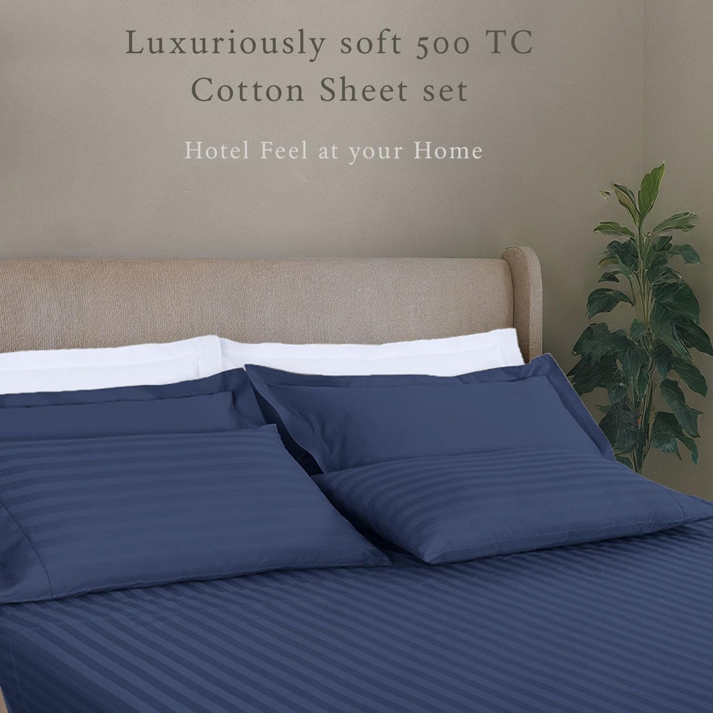 Threadmill 500 Thread Count King Size Damask Stripe, 4 Pc Luxury Cotton Bed Sheet Set, Breathable Folkstone Blue Sheets with 16" Elasticized Deep Pocket, 2 Pillowcases & Free Tote Bag