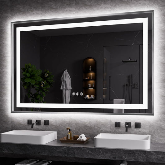 Amorho 55"X36" LED Bathroom Mirror, Brushed Nickel Framed Mirror with Front Light and Backlit, Stepless Dimmable, Anti-Fog, Shatter-Proof, Memory, 3 Colors