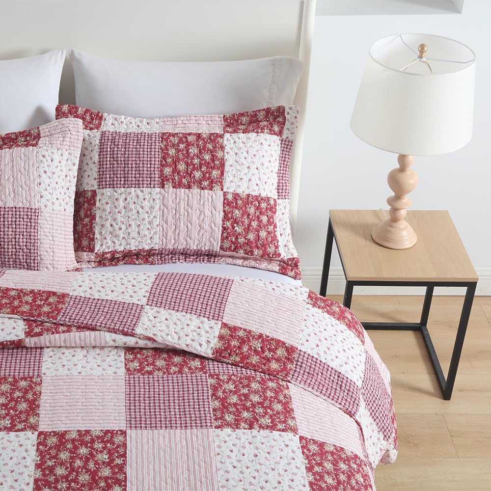 ENASAL Cotton Bedspread Quilt Bedding Sets Reversible Coverlet Sets Comforters Plaid Floral Red White Patchwork Pattern Bedspread for All Season, King Size