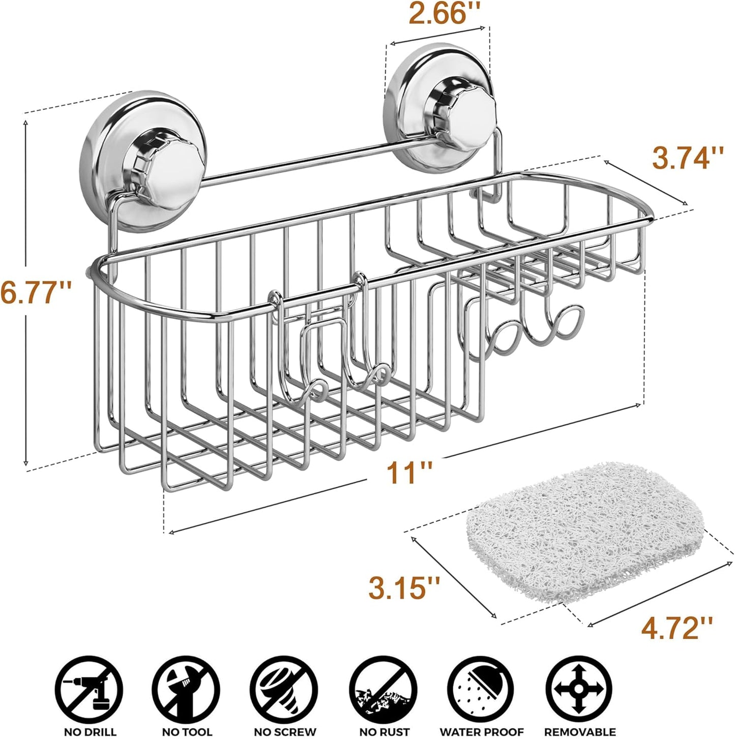 HASKO Suction Cup Shower Caddy Basket for Shampoo, Shower Suction Shelf Organizer, Basket with Soap Holder and Hooks, Stainless Steel Shampoo Holder for Bathroom Storage (Chrome)
