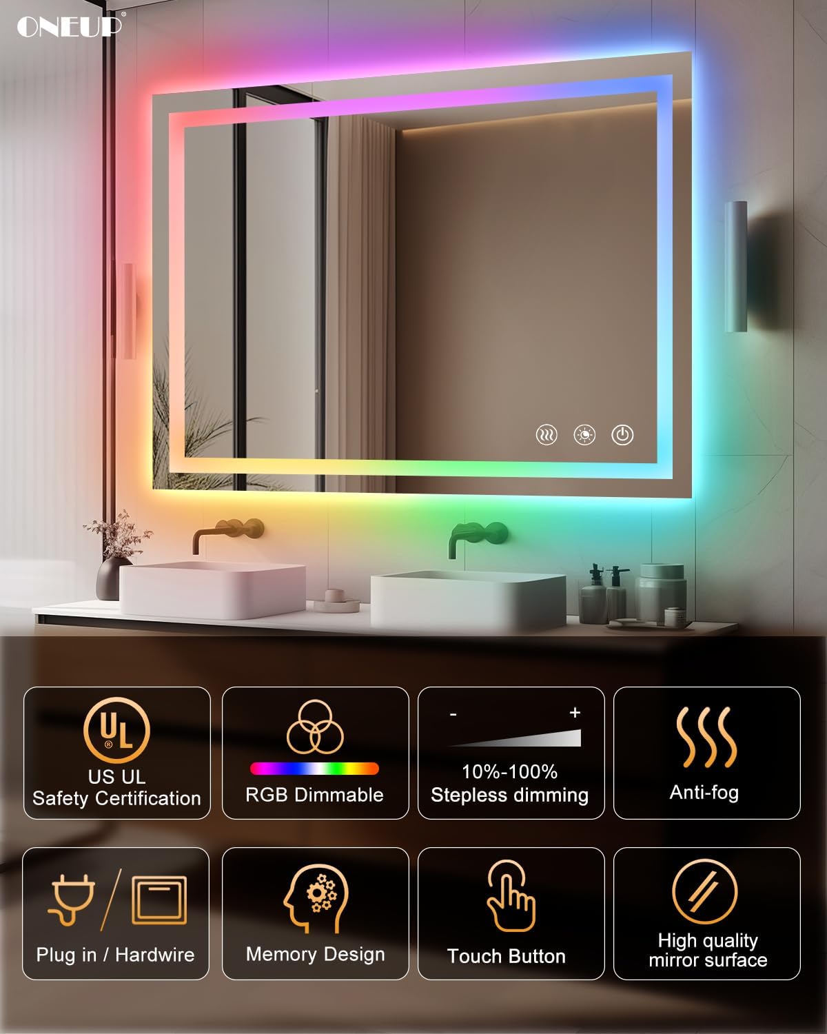 oneup 40x32 Inch LED Bathroom Mirror,RGB Color Changing Bathroom Mirror with Lights,Anti-Fog Wall-Mounted Vanity Mirrors,Smart Dimmable Multicolor Lighted,IP54 Waterproof (Horizontal/Vertical)