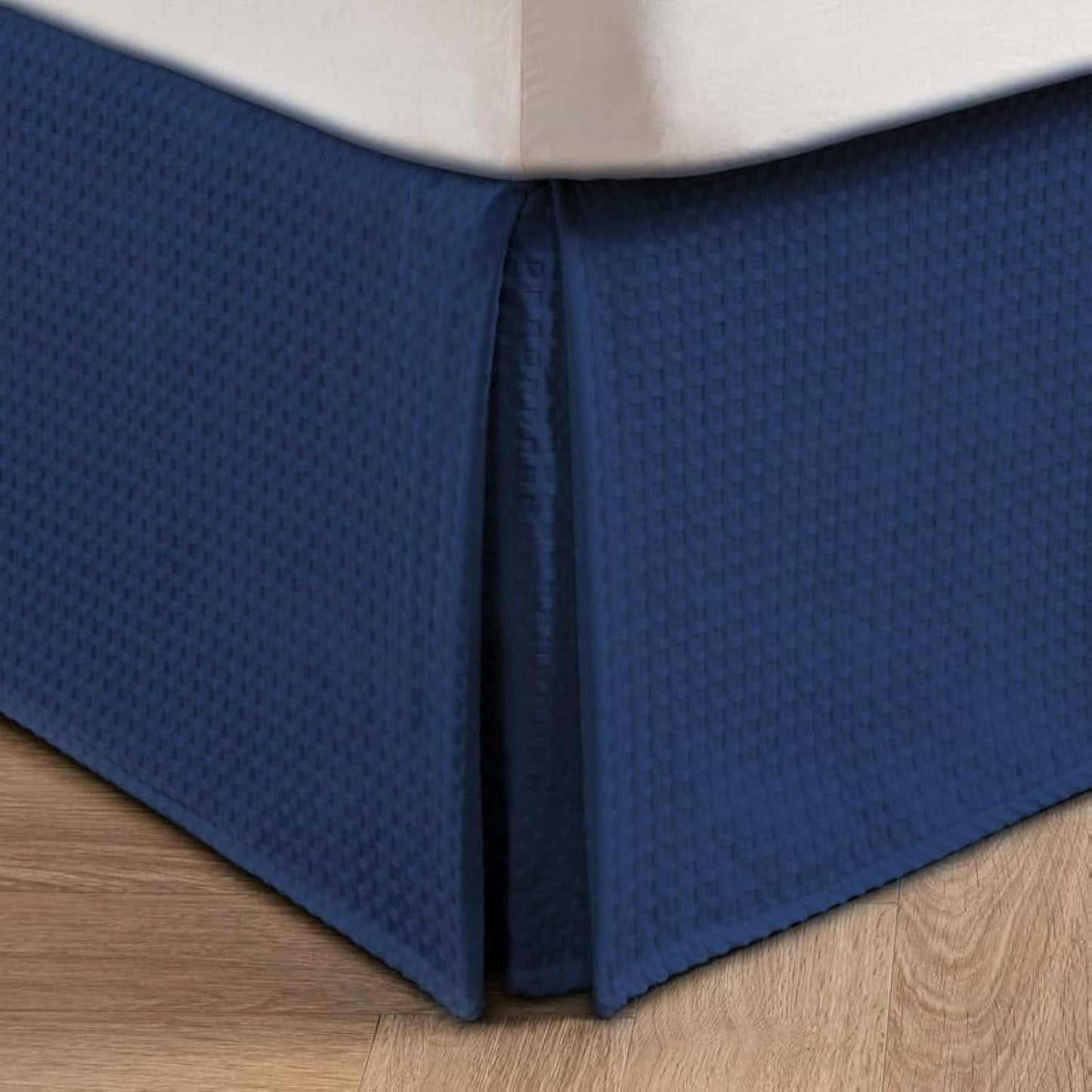MIYE Pleated Waffle Weave Bed Skirt, Tailored Dust Ruffle 14 Inch Drop Easy Fit, Machine Washable (Navy Blue, King - 14" Drop)