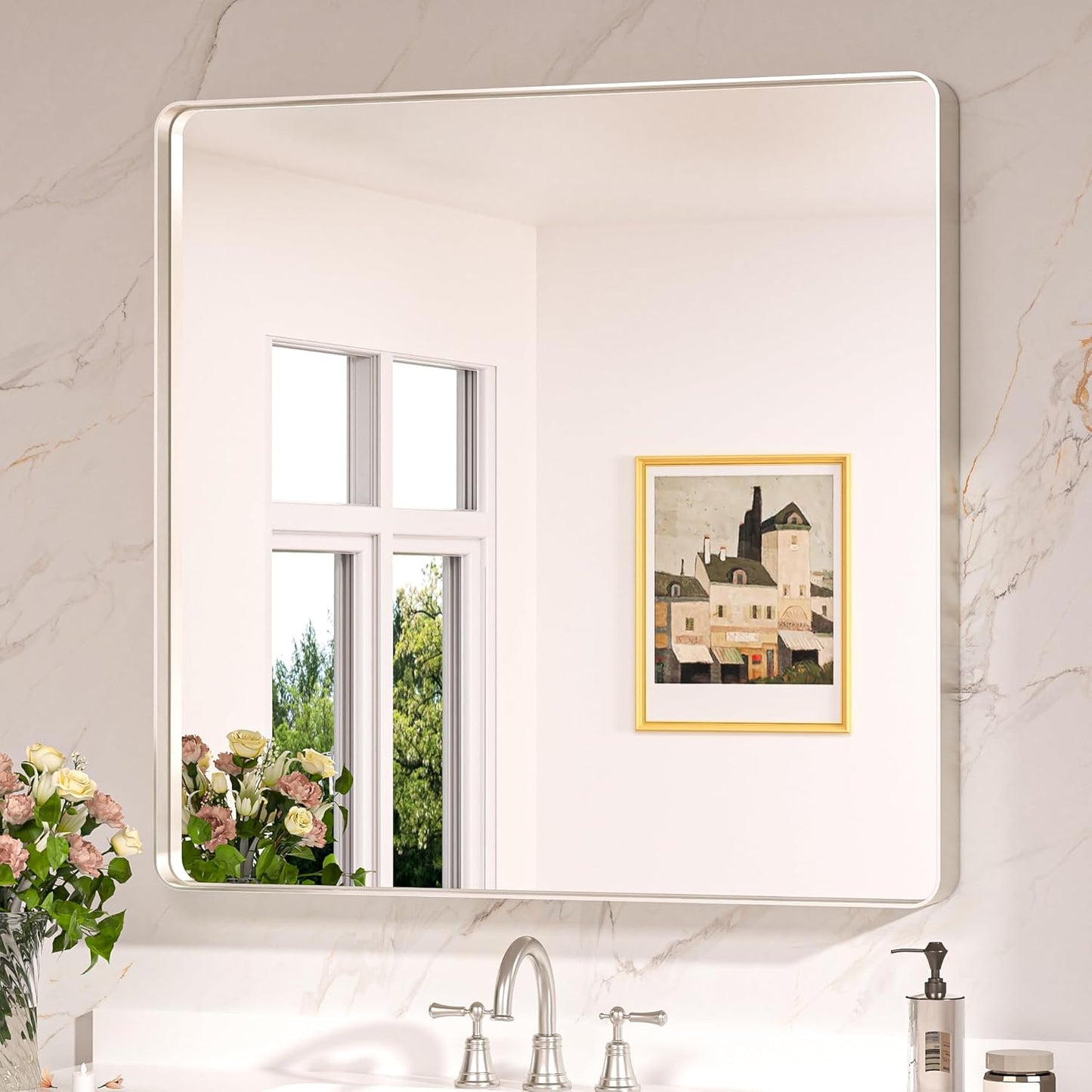 Keonjinn Brushed Nickel Wall Mirror, 36 x 36 Inch Large Square Silver Bathroom Mirrors for Over Sink, Rounded Rectangle Farmhouse Vanity Mirror, HD Tempered Glass Modern Mirror(Horizontal/Vertical)