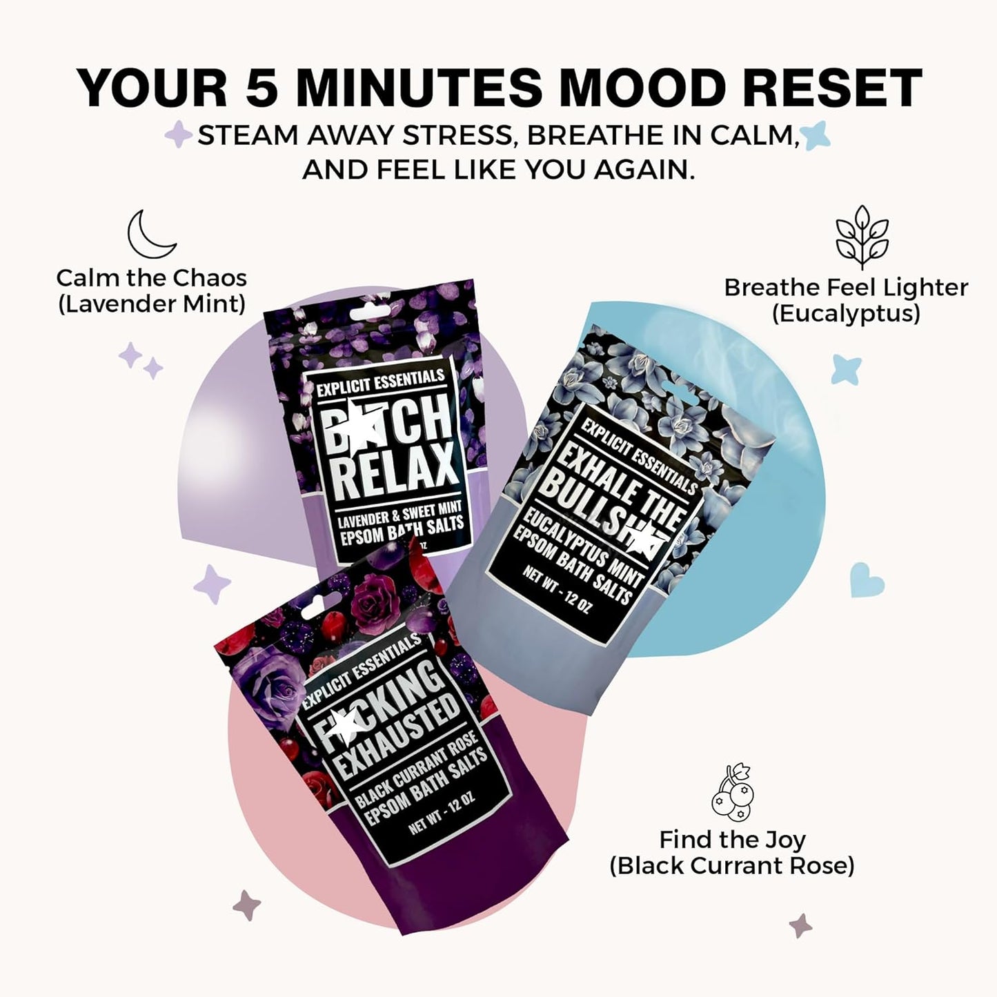 Explicit Essentials Bath Salts Gift Set | 3 Relaxing Epsom Salt Bath Soaks | Aromatherapy Epsom Salt Variety Pack for Stress Relief, Muscle Recovery & Self-Care Gifts