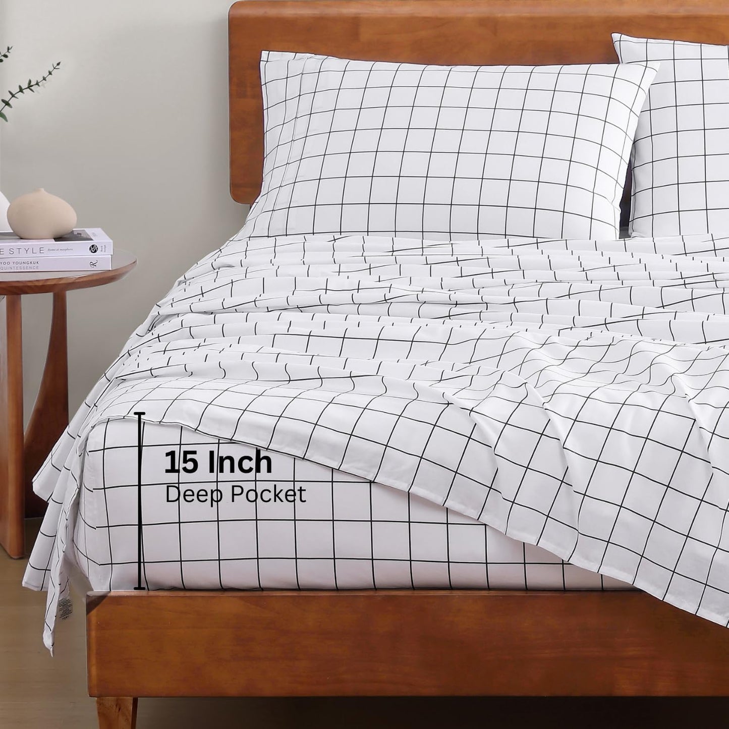 LANE LINEN 100% Organic Cotton Printed California King Sheets Set, 4-Piece Organic Cotton Long Staple Percale Weave Soft Best Bedding Sheets for Bed, Breathable- Charcoal Windowpane