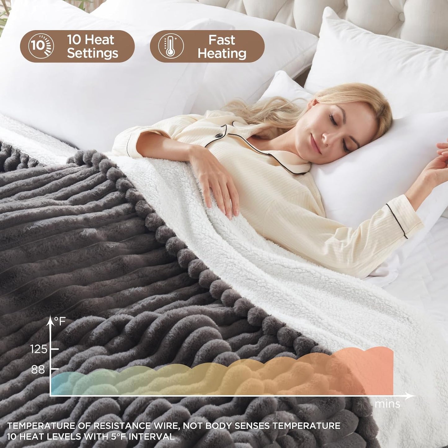 Westinghouse Queen Size Electric Heated Blanket, 10 Heat Levels, 1-12H Auto Off, Fast Heating, Machine Washable, 84x90in, Charcoal