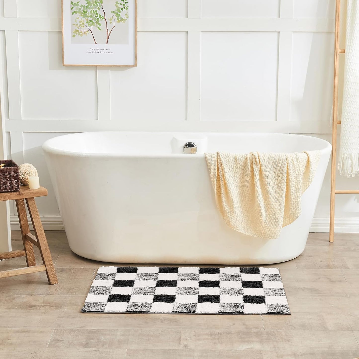 CozeCube Bath mats for Bathroom Non Slip, Fluffy Absorbent Microfiber Bath mat Washable, Aesthetic Bathroom Rugs, Long Jet Black Checkered Bath mat, Jet Black, 47" x 24"