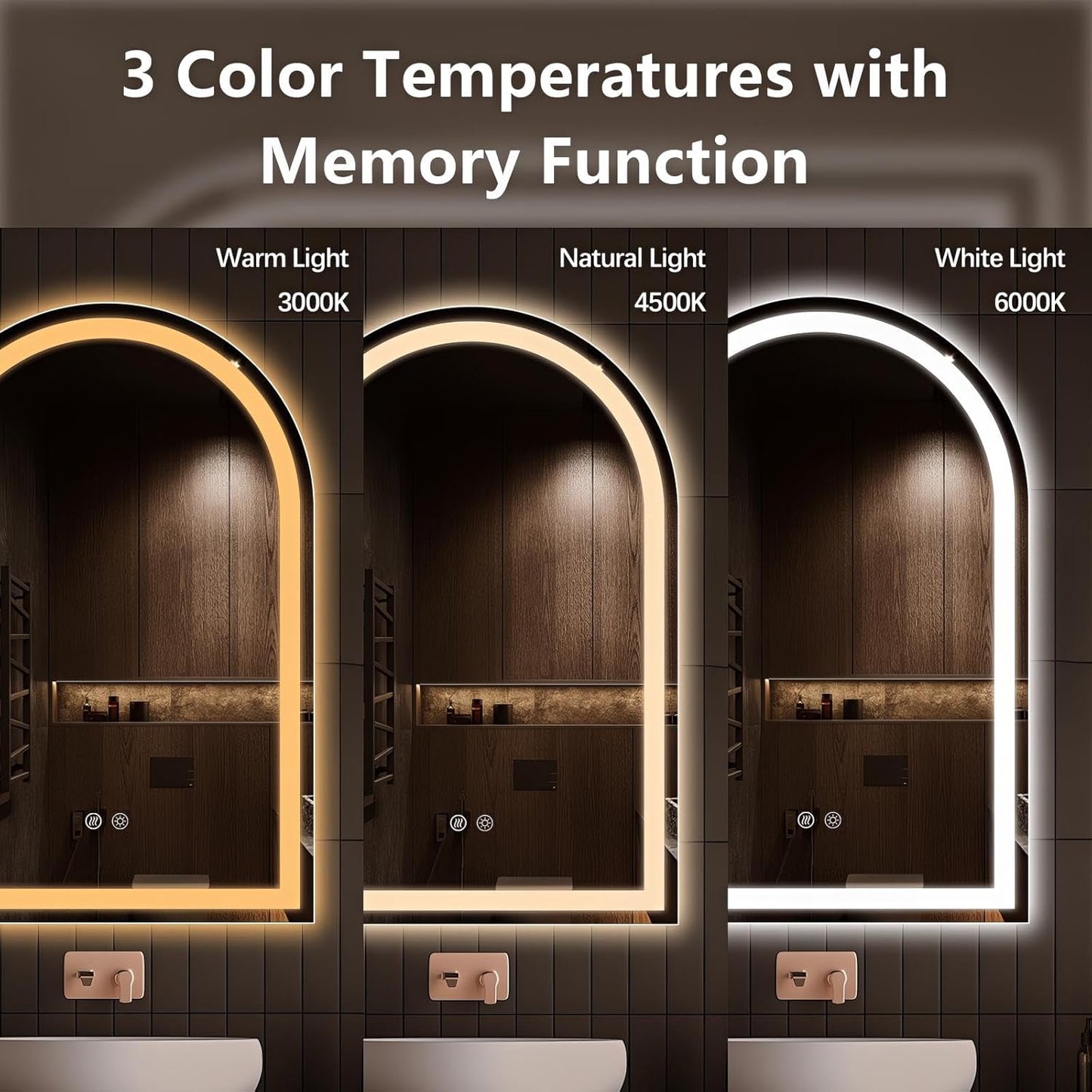 Niccy Arched LED Bathroom Mirror, 30x20 Arch Wall Mounted Frameless Bathroom Mirror for Vanity, Smart Lighted Frontlit Mirrors with Memory Function for Bathroom Bedroom Beauty Hair Salon
