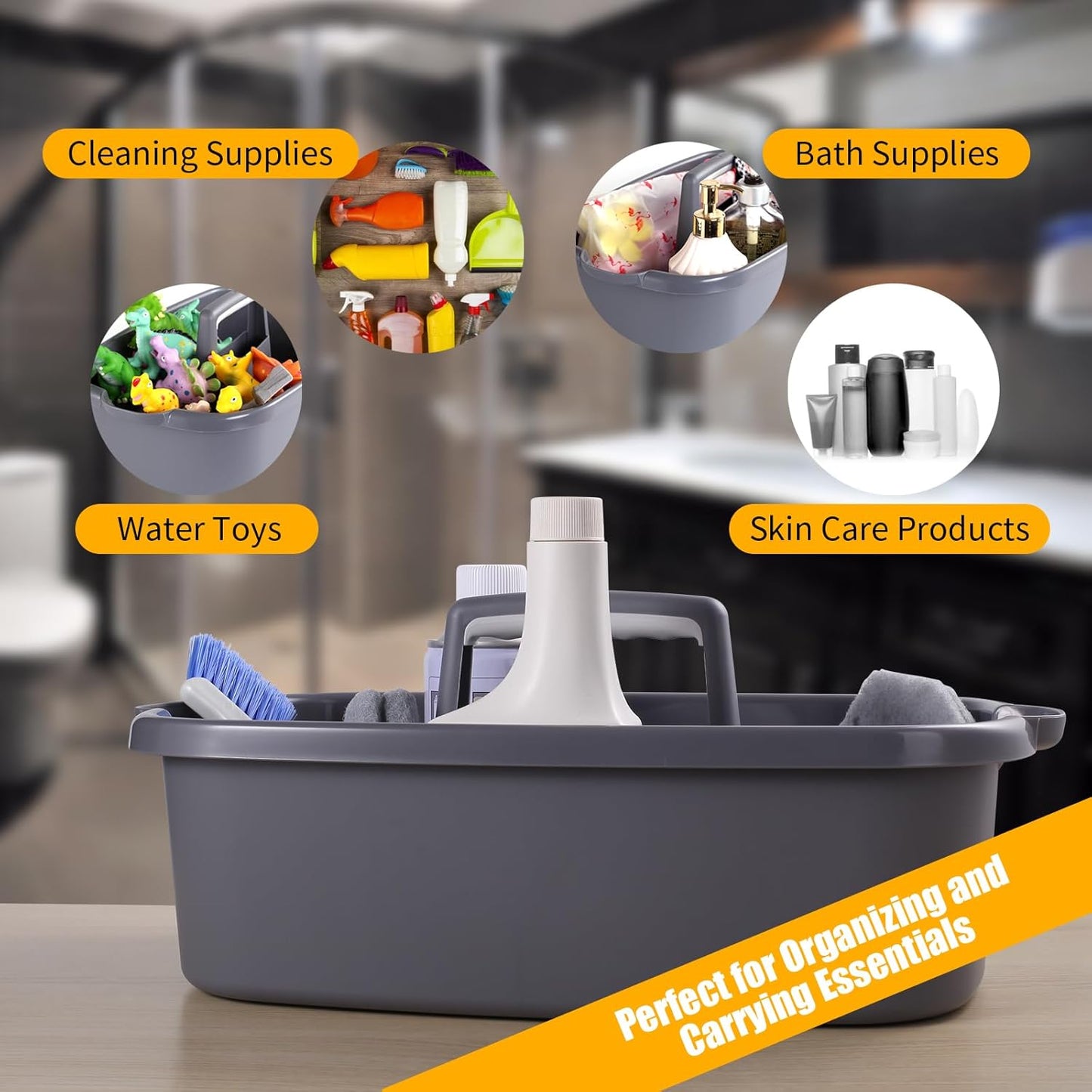 2-Pack Large Gray Cleaning Caddy for Cleaning Supplies with Handle - Portable Plastic Tote Organizer for Shower, Bathroom, Kitchen, Under Sink Storage
