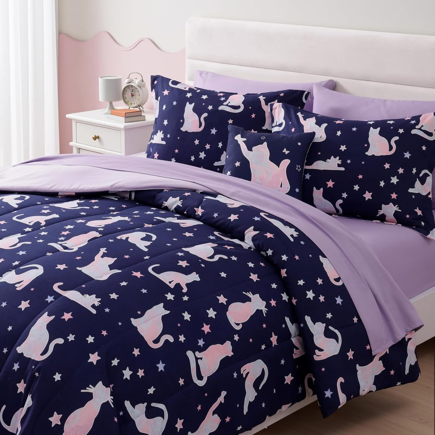 Twin Comforter Set for Girls -3 Pieces Cute Cat Twin XL Bedding Set with 1 Comforter, 1 Decor Pillow, 1 Pillow Sham