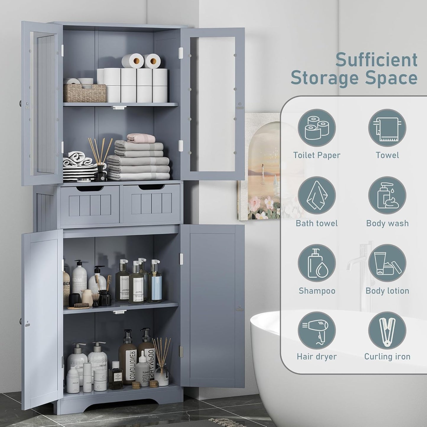 TOLEAD 67" Tall White Bathroom Cabinet Storage Cabinet, Freestanding Storage Cabinet with Glass Door and Adjustable Shelves, Bathroom Cabinet for Living Room, Kitchen, Dining, (Grey)