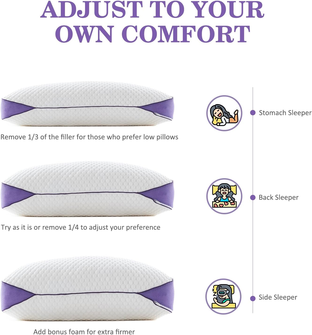 HOMELAB Adjustable Shredded Memory Foam Pillow Queen Size, Cooling Bed Pillow for Sleeping with Removable Cover, Medium Pillow for Side Stomach & Back Sleepers, 1 Pack 20"x28"