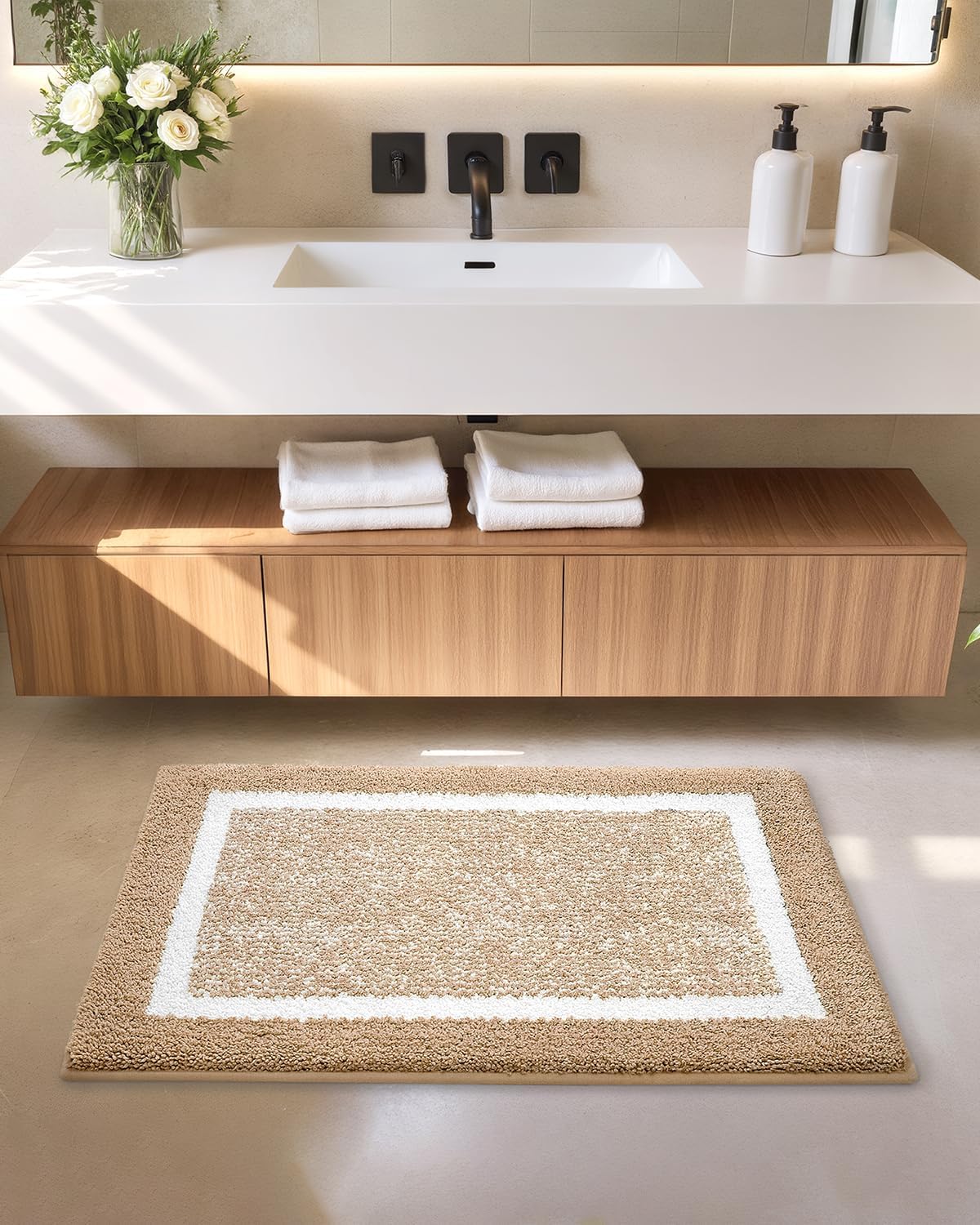 Color&Geometry Simple and Stylish Large Bath Mats for Bathroom Non Slip, 24"x36" Khaki Bathroom Rugs, Absorbent, Soft, Washable, Microfiber Bath Rug Shower Mat Outside Shower