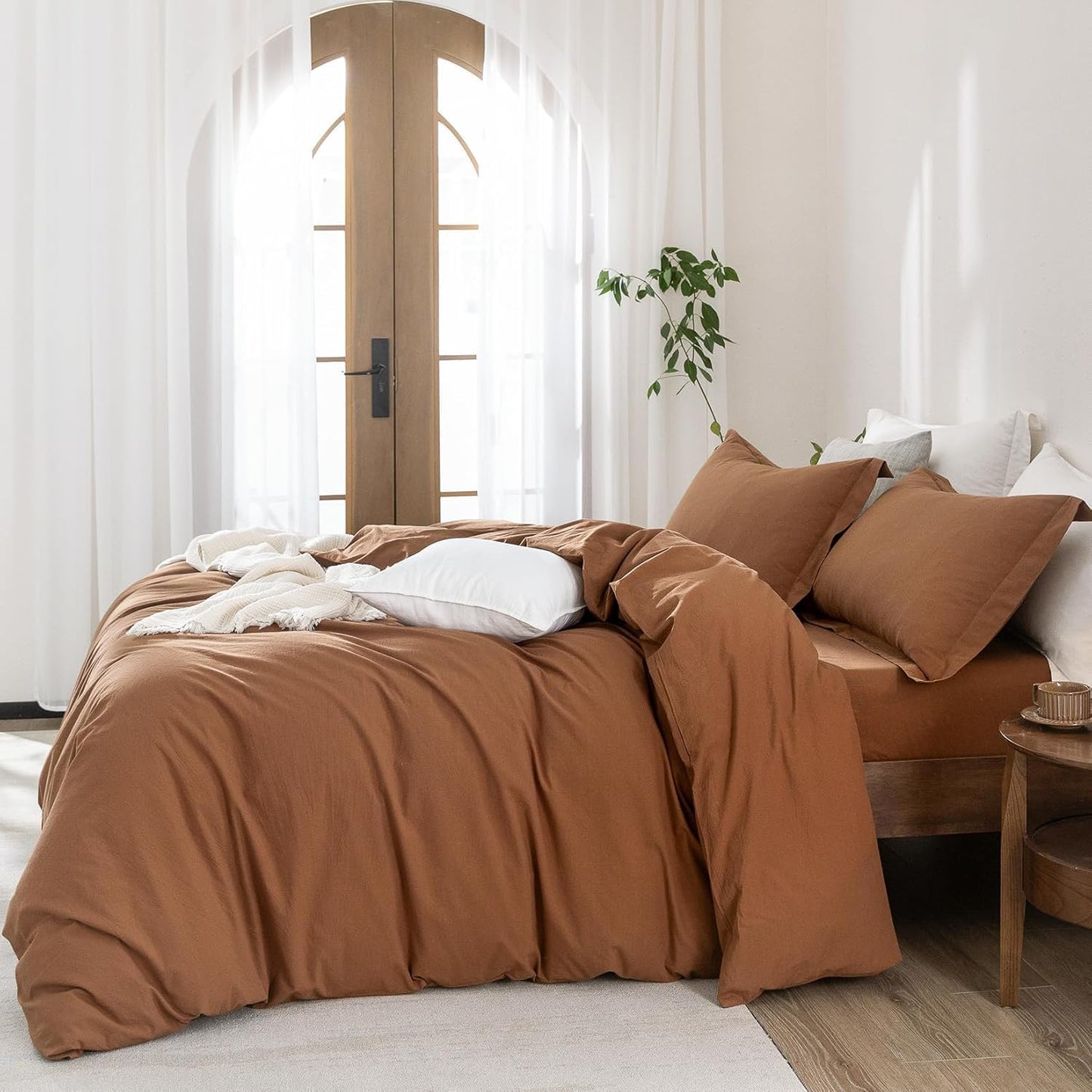 100% Washed Cotton Dark Orange Duvet Cover Oversize Queen Size Bedding Set Cover 1 Duvet Cover with Zipper Closure Plus 2 Pillowcases, 98inch x 98inch