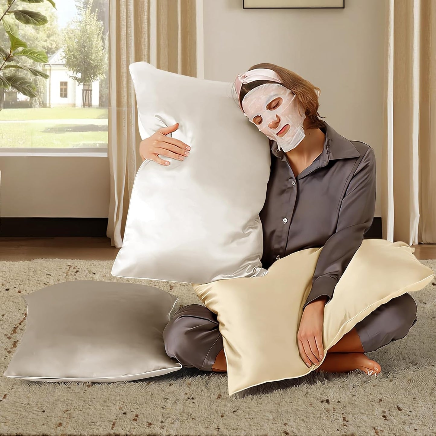 BHZ Satin Goose Down Feather Pillows Queen Size Set of 2 with Satin Pillowcase for Hair and Skin, Cooling Pillow Cases Similar to Silk Pillow Cases, Decorative for Women, Mom Men, Grey