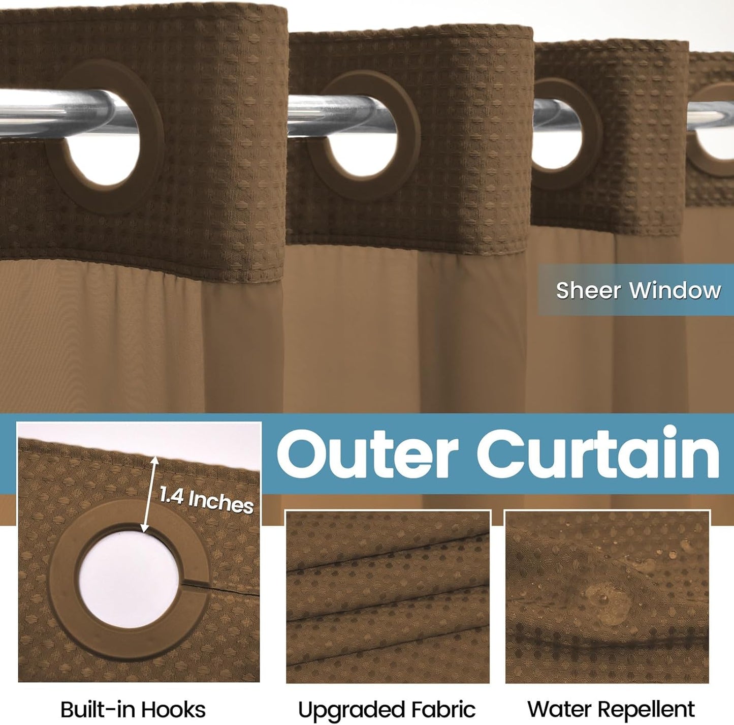 Brown No Hook Shower Curtain with Snap in Liner,230GSM Waffle Weave Shower Curtains for Bathroom,71W x 74H