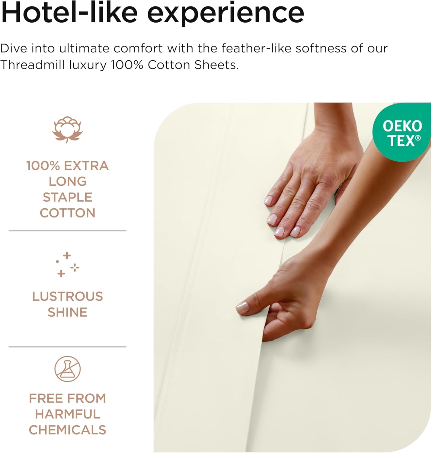 Threadmill 100% Cotton Sheets for Twin XL Size Bed - 600 Thread Count Twin XL Bed Sheets Set with 15” Deep Pocket - Sateen Weave 3-Piece Bedding Set with Cooling Effect, Ivory