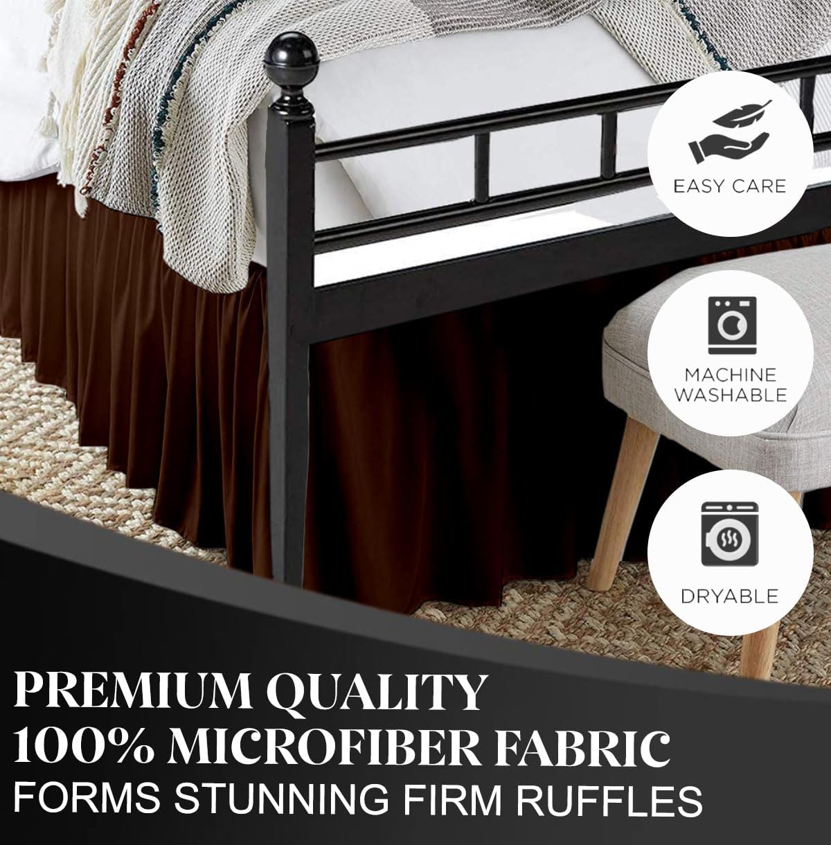 Ruffled Bed Skirt with Split Corners, Chocolate, King 18 Inch Drop Bedskirt, Hotel Quality Brushed Microfiber Wrinkle Free Dust Ruffle Bed Skirt King Size