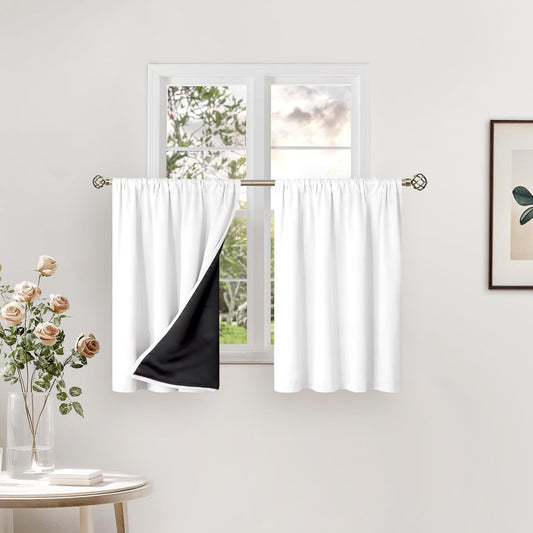 BGment White Short Blackout Curtains for Small Window 36 Inch Long, Thermal Insulated Curtains for Bedroom Loft Bathroom Basement Kitchen Soundproof Rod Pocket Cafe Curtains, 2 Panels, 42 Wide