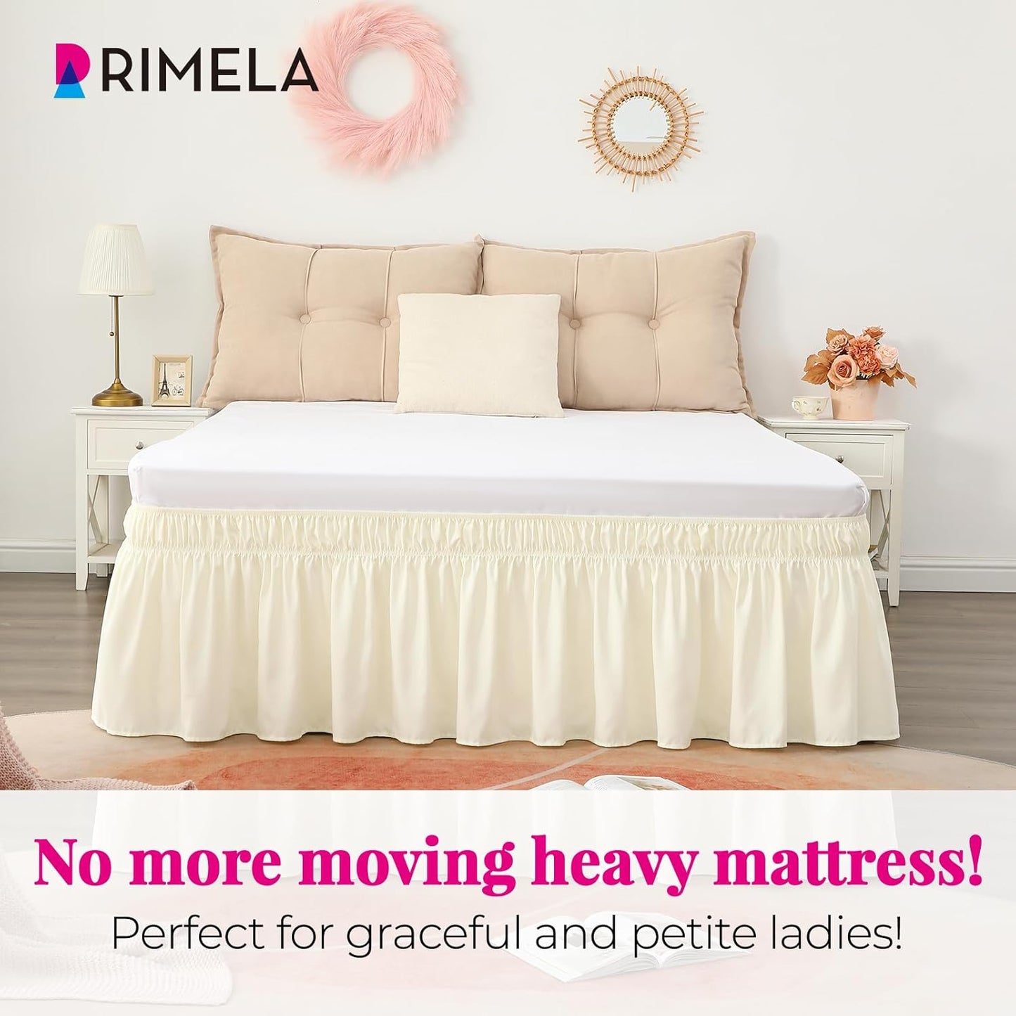 RIMELA Cream Yellow Bed Skirt Full Size 15 Inch Drop, Elastic Bed Skirting for Bed Base and Frame, Bedding Dust Ruffle Easy to Install, Lightweight Wrap Around Adjustable Bedskirt