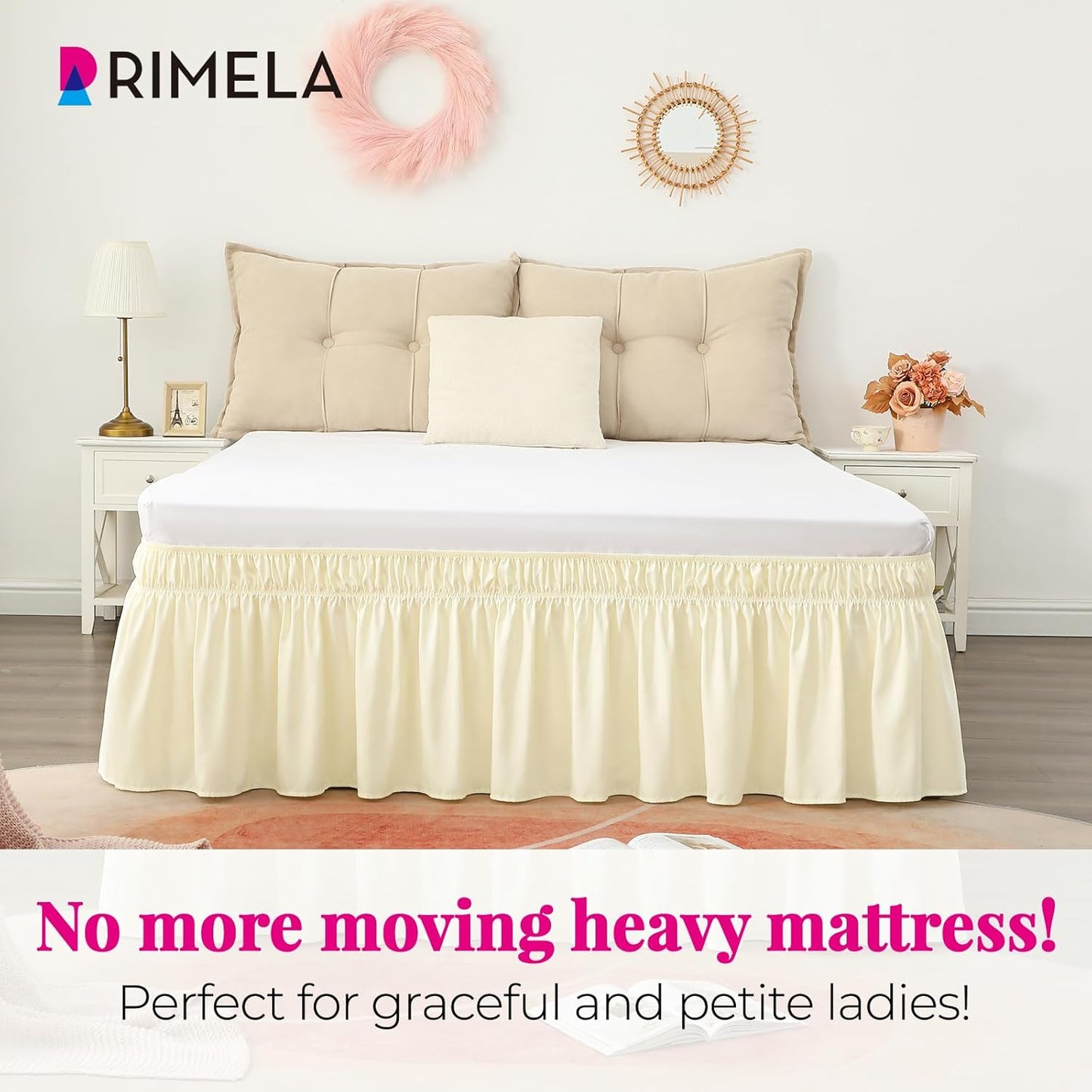 RIMELA Cream Yellow Bed Skirt Queen Size 15 Inch Drop, Elastic Bed Skirting for Bed Base and Frame, Bedding Dust Ruffle Easy to Install, Lightweight Comforter Set with Wrap Around Adjustable Bedskirt