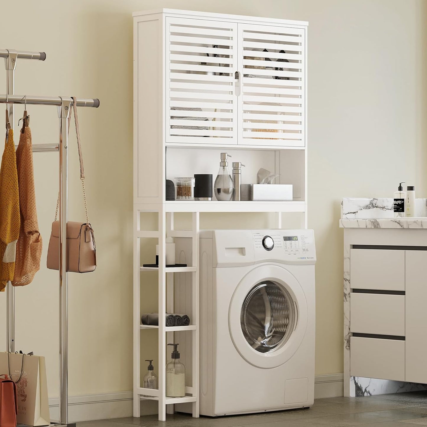 Over The Toilet Storage Cabinet, Bamboo Over Toilet Bathroom Organizer Cabinet with 2 Doors, Freestanding Home Space Save Toilet Rack for Restroom, Bathroom, Laundry, White