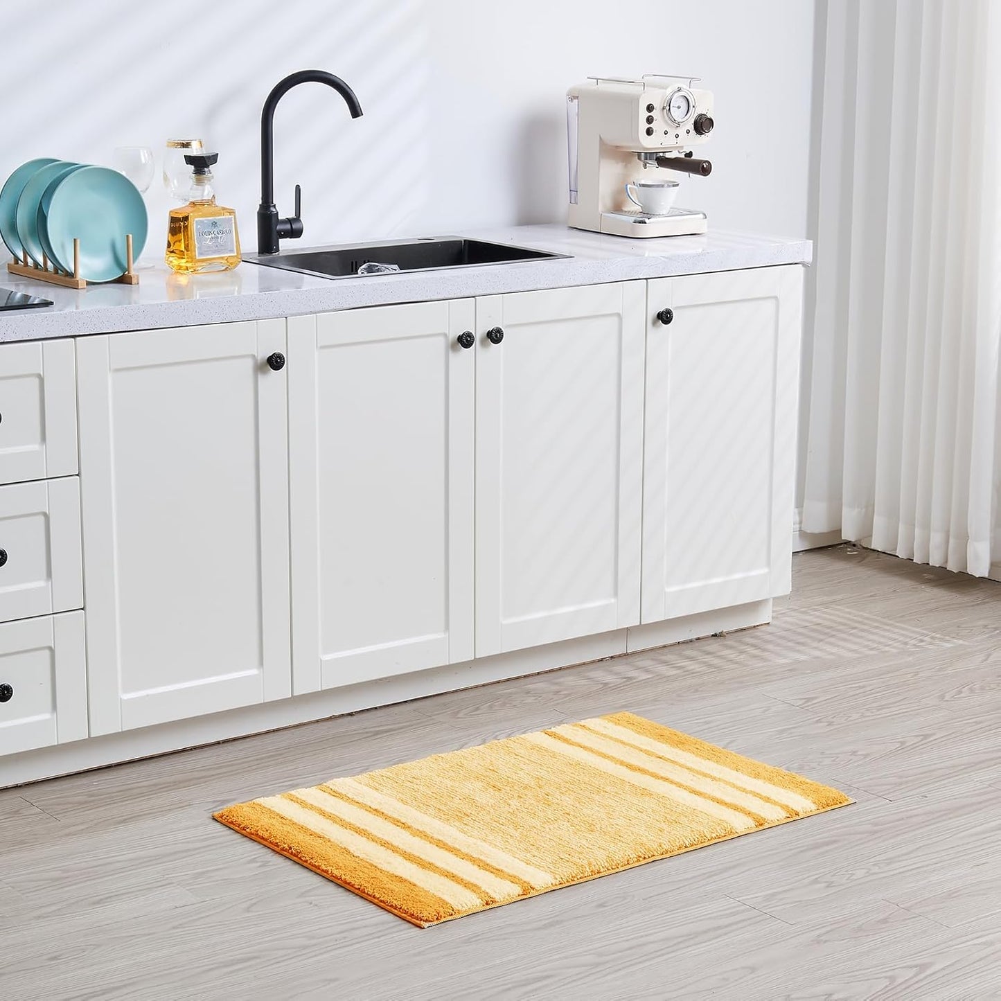CozeCube Bath mats for Bathroom Non Slip, Fluffy Absorbent Microfiber Bath mat Washable, Aesthetic Bathroom Rugs, Small Harvest Gold Striped Bath mat, Harvest Gold, 24" x 16"