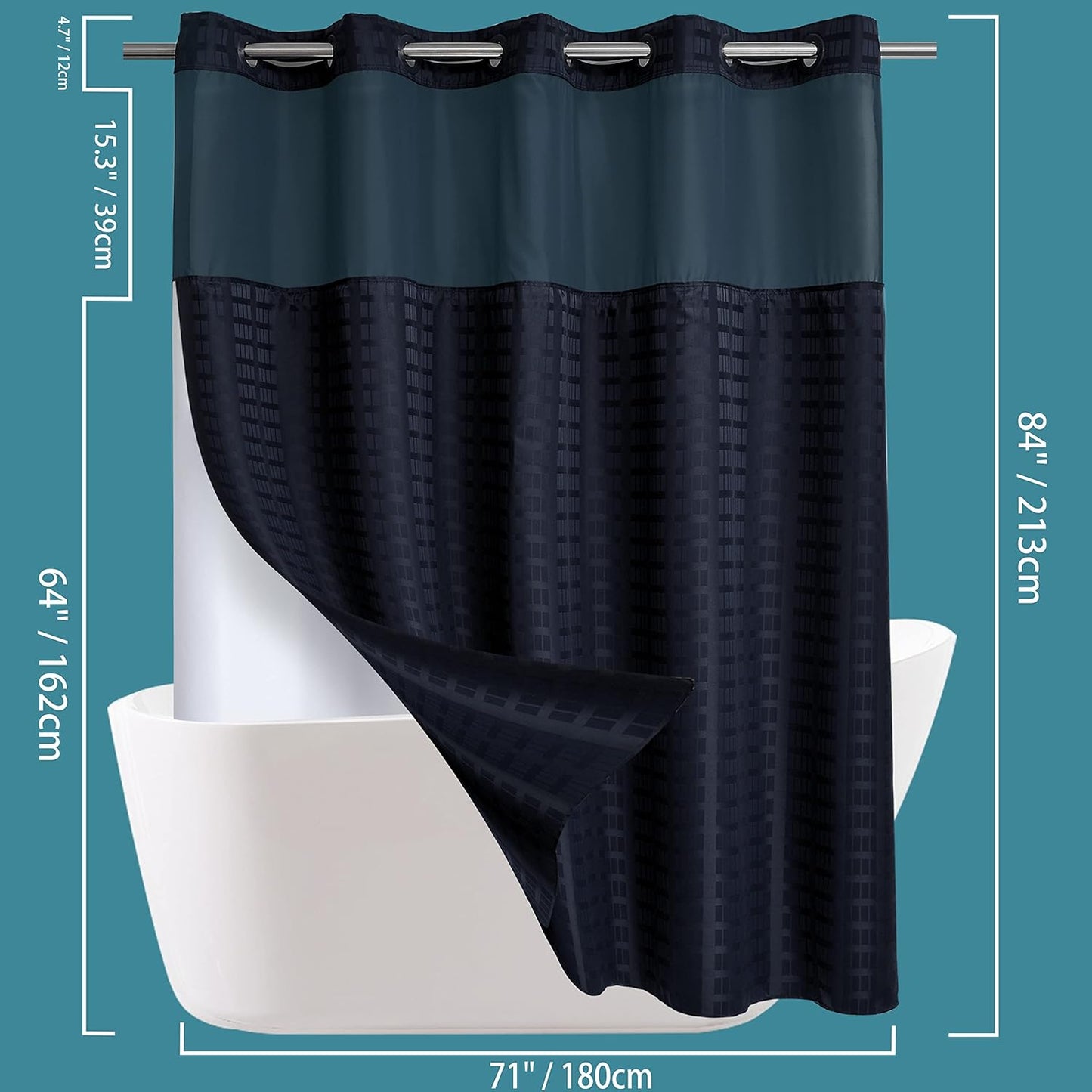 Conbo Mio Extra Long No Hook Shower Curtain with Snap in Liner Set, Hotel Luxury Black Shower Curtains for Bathroom with See Through Top Window, Waterproof, Washable 71W x 84H