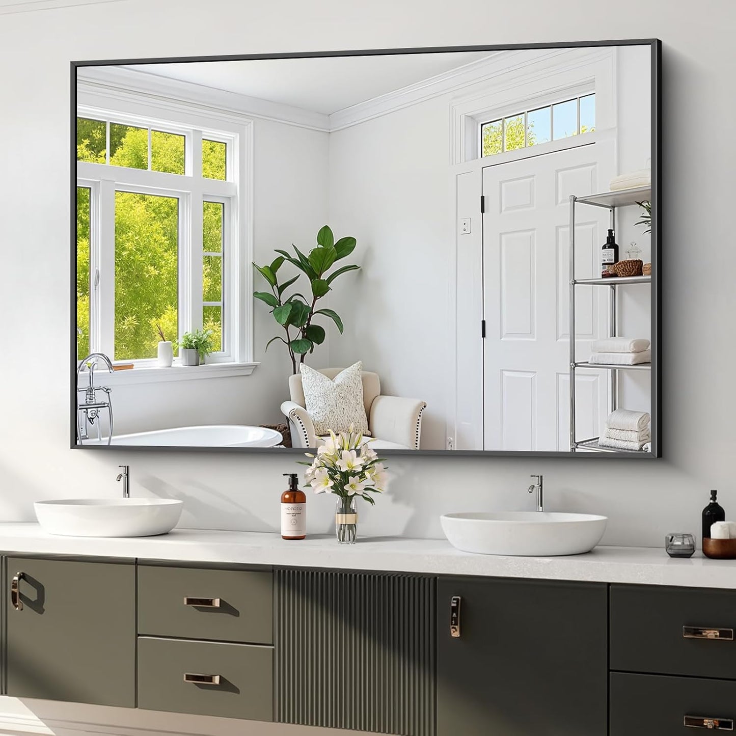 Koonmi Black Framed Bathroom Mirror - Shatterproof 36"x55" Tempered Glass, HD No Distortion, Horizontal/Vertical Mount, Modern Matte Aluminum Alloy Frame
