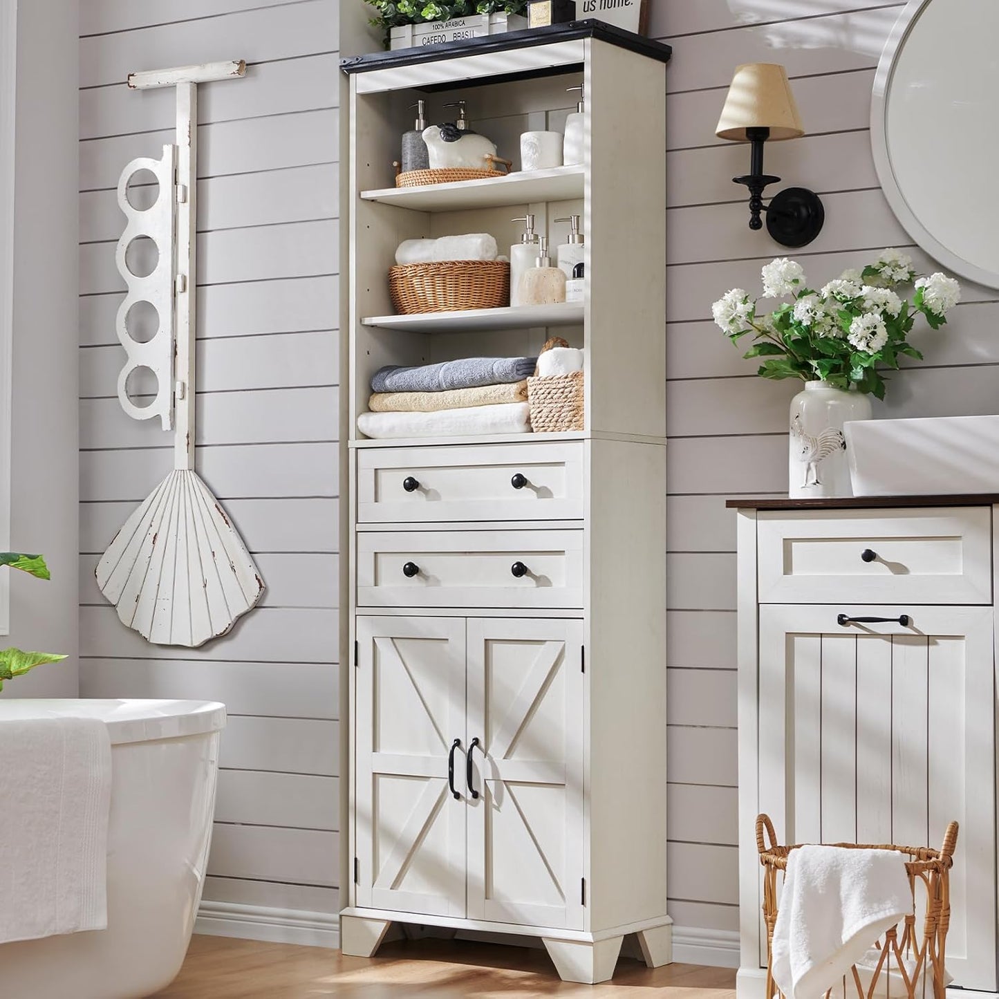 ACCOHOHO Farmhouse Tall Bathroom Storage Cabinet, 72" Storage Cabinet with 2 Drawers, Adjustable Shelves & Barn Door, Cabinet for Bathroom, Living Room, Kitchen, Off White