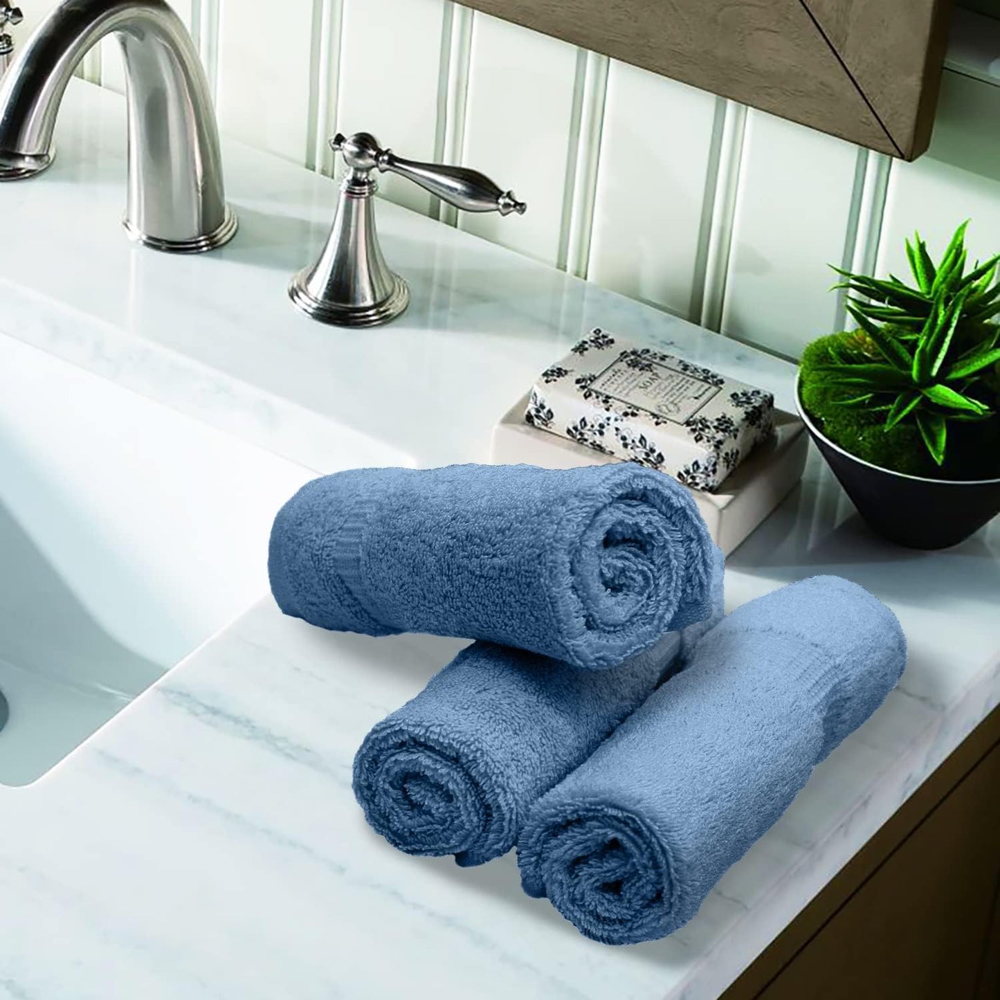 Luxury Hotel & Spa Collection, 100% Turkish Cotton 700 GSM Cloth, for Body wash, Makeup Remover & Facial Cleaning, Baby, face, Dobby Border Soft washcloths Towel Set 13" X 13", Wedgewood, Set of 6