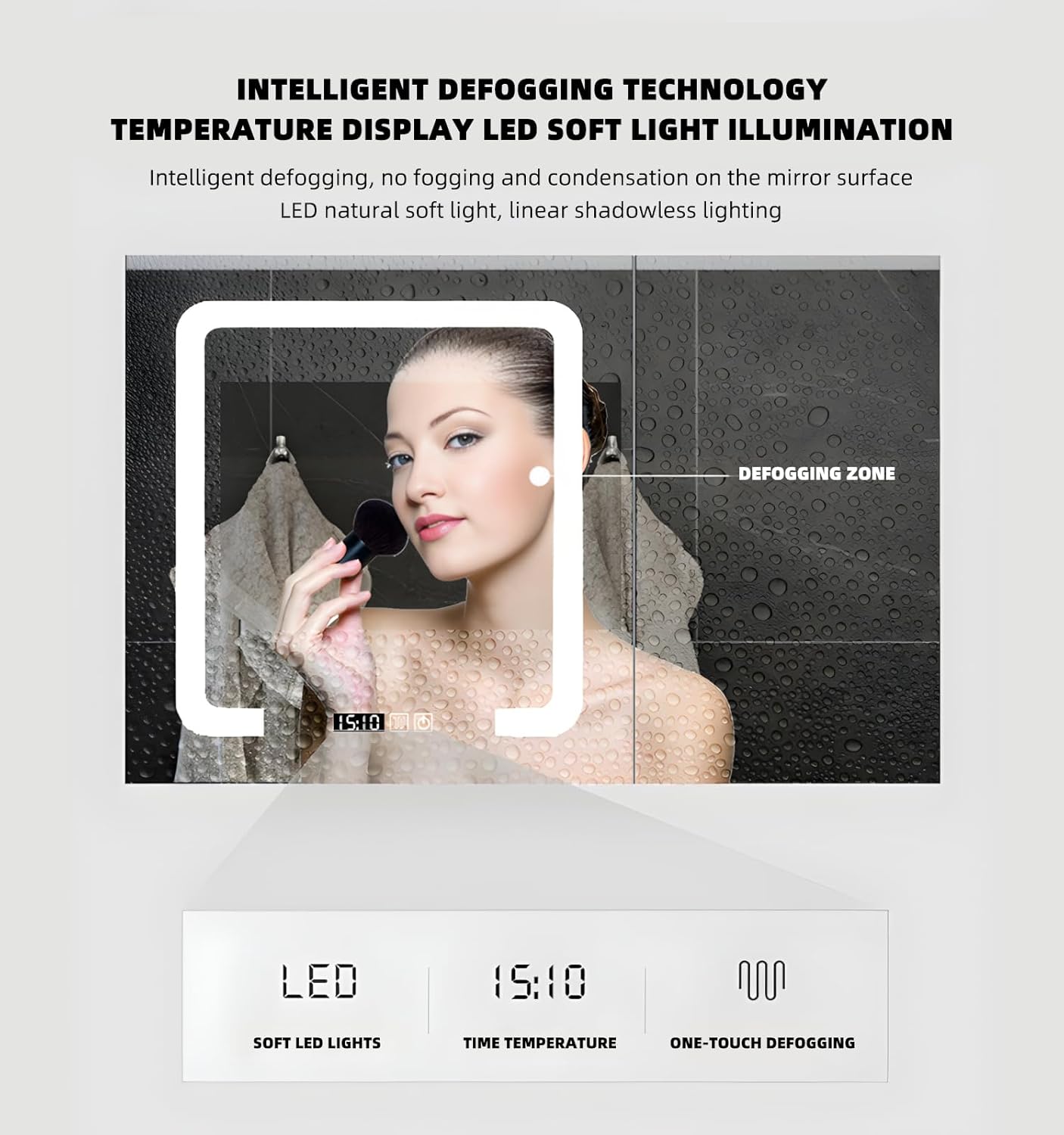 52IN Bathroom Vanity with Double Sink, Modern Bathroom Vanity with LED Smart Defogging Mirror Cabinet and Open Shelf, Floating Bathroom Cabinet with Striped Double Drawers, Oak Material (Black)