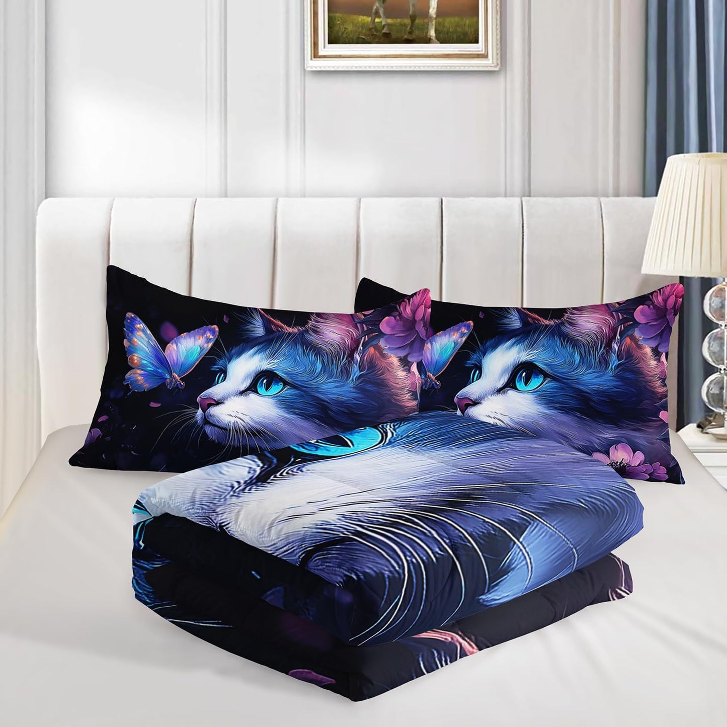 Kids Cat Comforter Set Full Size,Fantasy Cats Butterfly Flowers Bedding Set for Kids Girls Kawaii Room Decor,Cute Little Animal Themed Toddler Bedding Set with 2 Pillowcases.