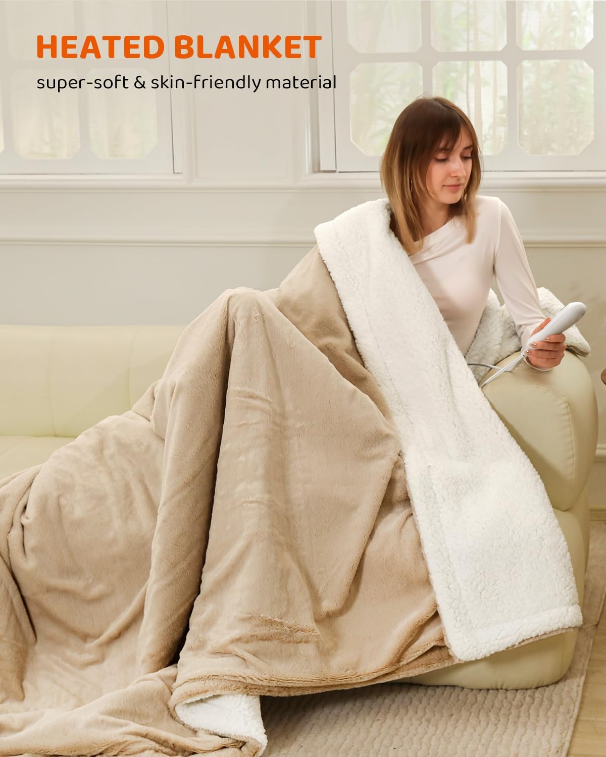 Heated Blanket Electric Blanket Twin Size, Faux Fur Heat Blanket, Super Soft Cozy Heating Blanket with 9 Heating Levels & 1-9 Hours Auto Off, Fast Heating & Overheat Protection, 62" x 84", Beige