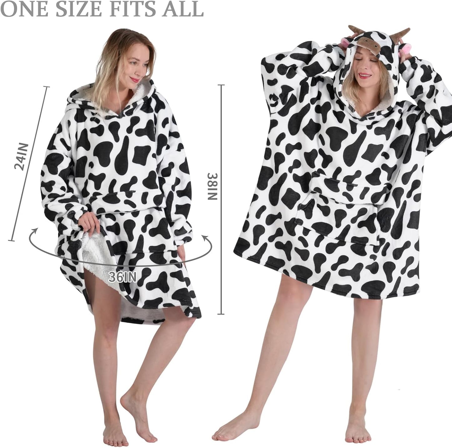Wearable Blanket Hoodie for Adult,Oversized Sherpa Fleece Blanket Hoodie for Women Men,Cow Print