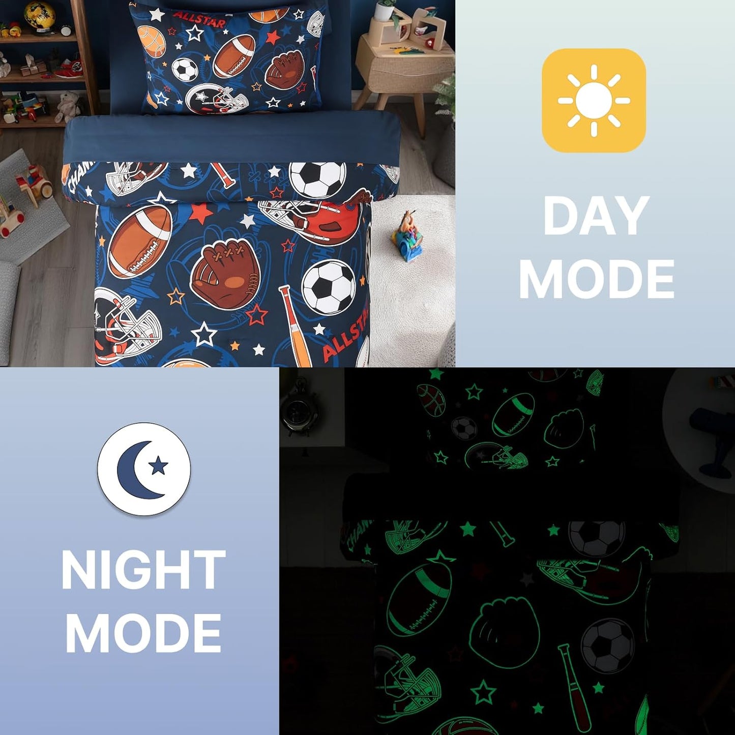 Twin Comforter Set for Boys-5 Pieces Sports Ball Games Glow in The Dark Twin Bedding Sets for Kids, Ultra Soft Bed in A Bag with Sheets