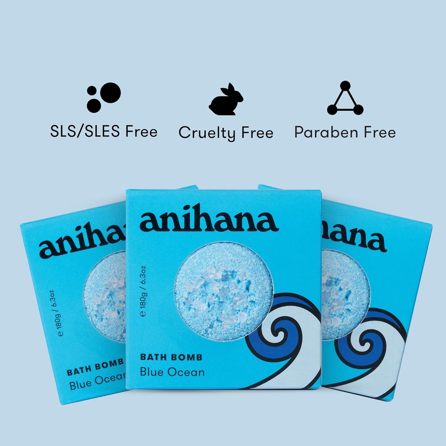ANIHANA Bath Bombs with Coconut Oil, Paraben Free, Hand-Crafted Luxury Fizzers, Refreshing Blue Ocean Scent, 6.3 oz Each, 3 Pack