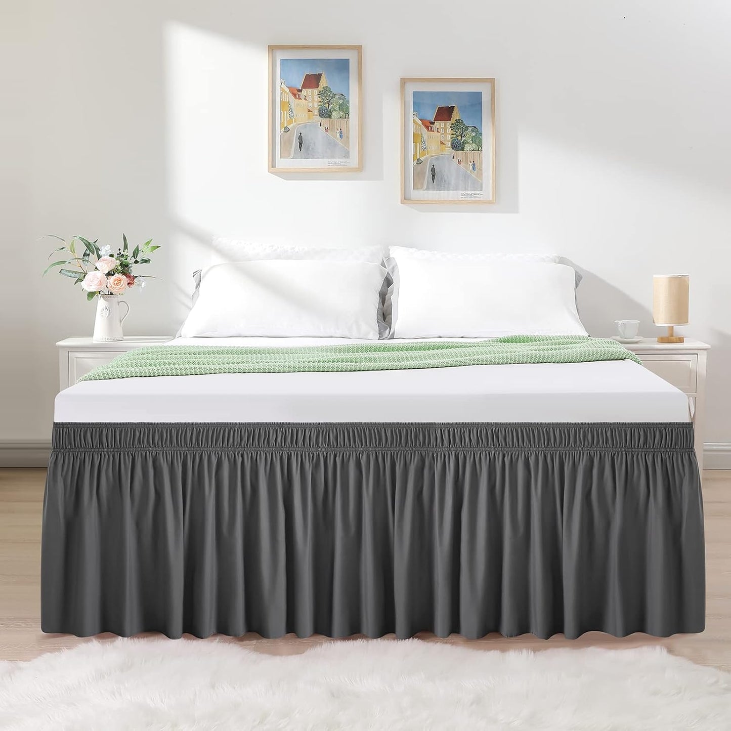RIMELA Bed Skirt Wrap Around Elastic Dust Ruffles Solid Color Wrinkle and Fade Resistant with Adjustable Elastic Belt Easy to Install Dark Gray for King & California King Size 18 Inch Drop
