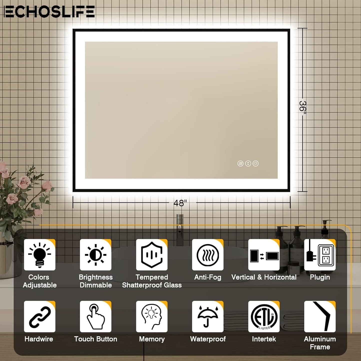 48x36 LED Bathroom Mirrors for Wall - Black Aluminum Framed(Front and Backlit),Anti-Fog Vanity Mirror with Lights,Stepless Dimmable Lighted Mirror,3 Colors Smart Mirror(Horizontal/Vertical)