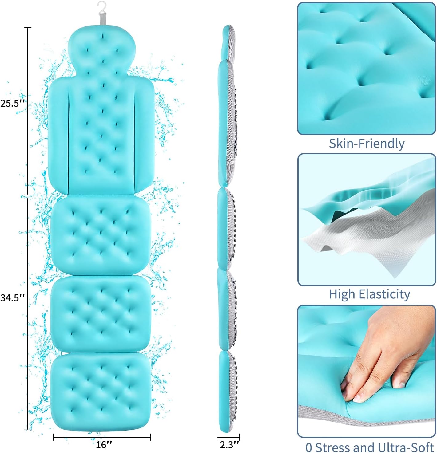 Luxury Bath Cushion, Full Body Bathtub Pillow with 160 Suction Cups, Bath Mat for Head and Neck Support, with Laundry Bag (Blue, 60.2" x 16.2")